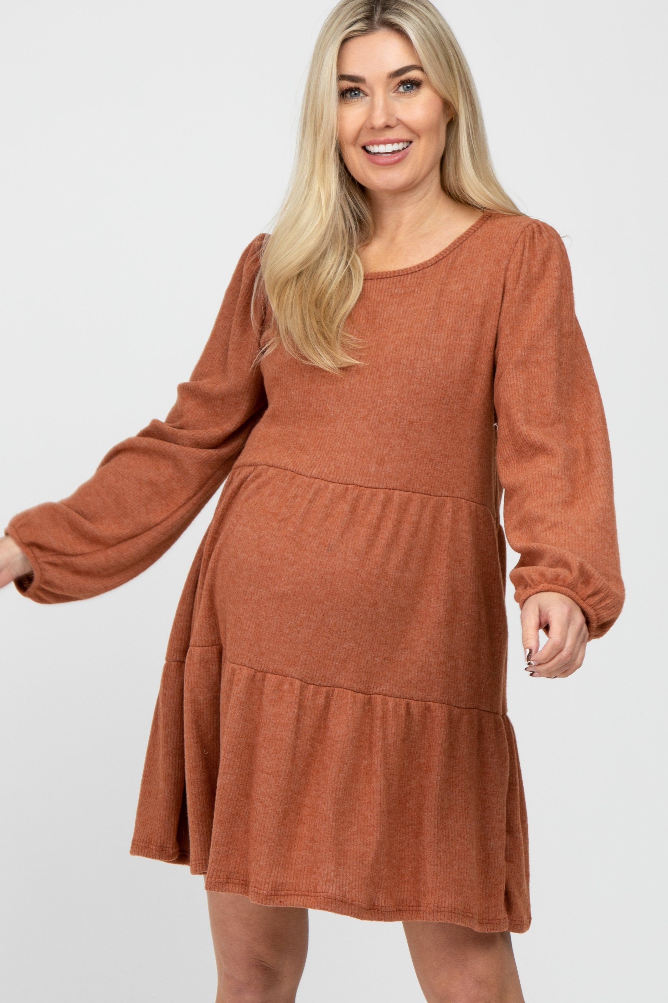 Rust Brushed Knit Tiered Maternity Dress sold by Pinkblush product image thumbnail 2