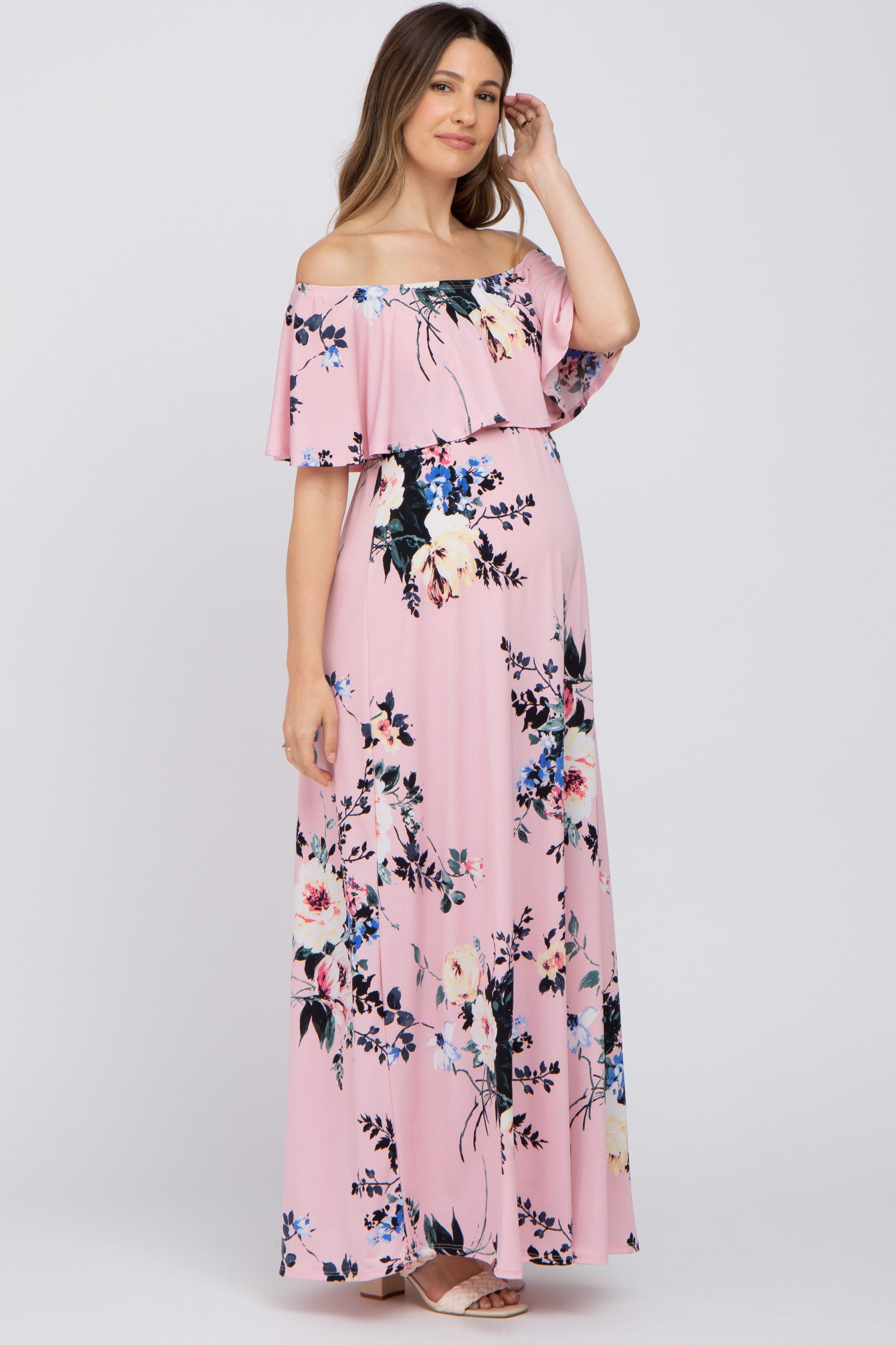 Pink Floral Flounce Off Shoulder Maternity Maxi Dress sold by Pinkblush product image thumbnail 2