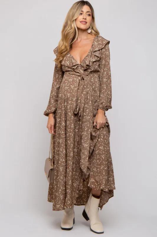 Mocha Floral Ruffle V-Neck Wrap Front Maternity Maxi Dress sold by Pinkblush