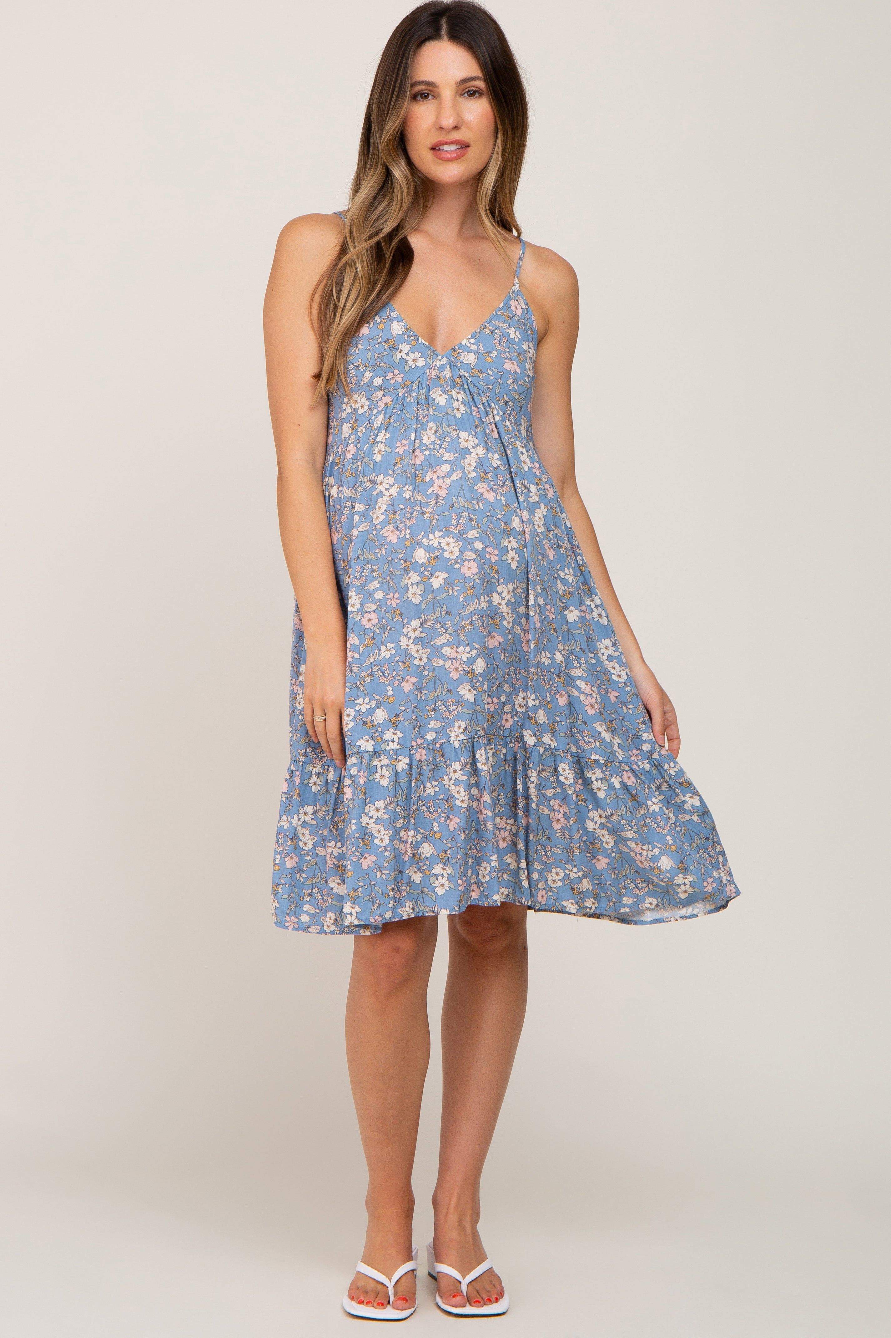 Blue Floral V-Neck Ruffle Hem Maternity Dress sold by Pinkblush