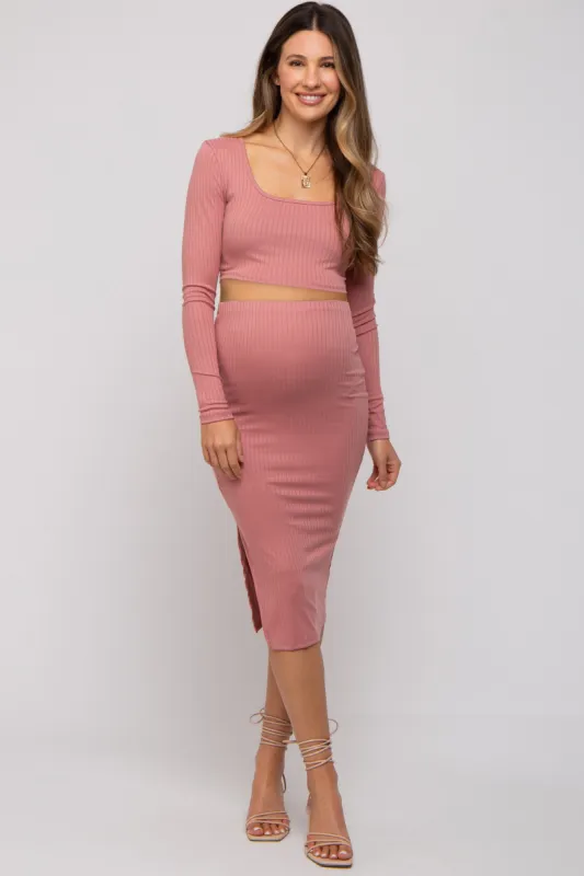 Mauve Ribbed Maternity Crop Top Midi Skirt Set sold by Pinkblush