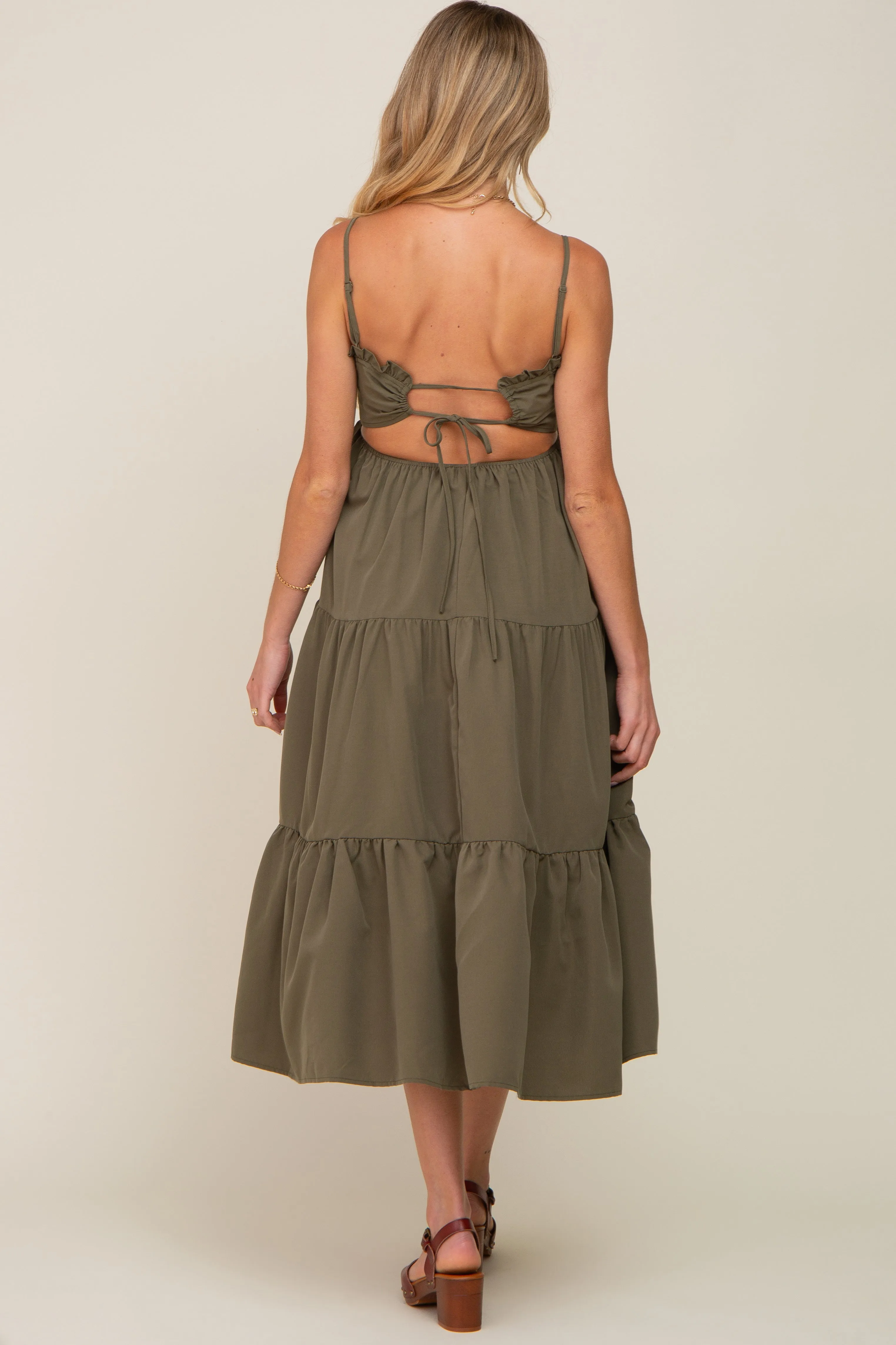 Olive Smocked Open Back Tiered Maternity Midi Dress sold by Pinkblush product image thumbnail 3
