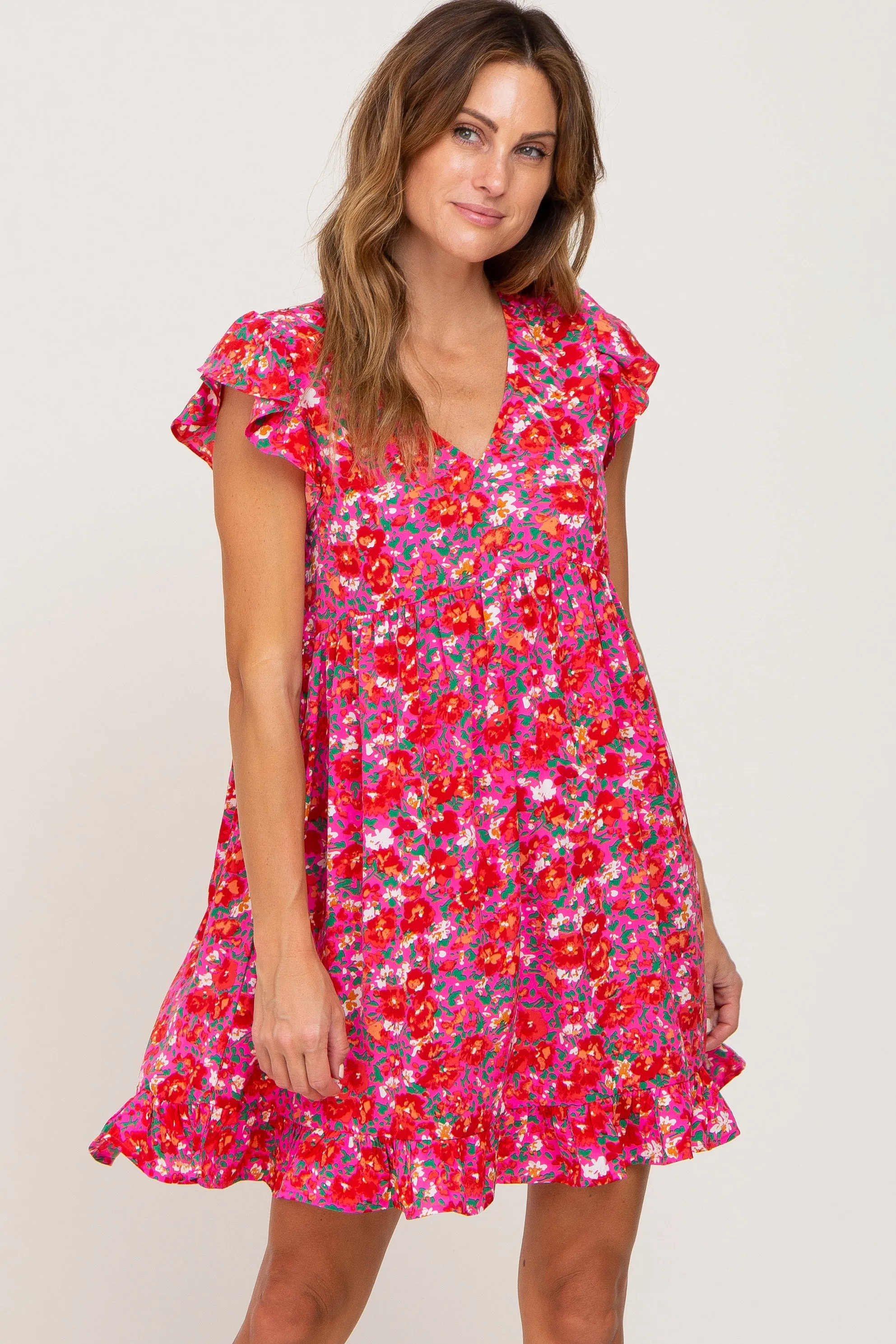 Fuchsia Floral Ruffle Accent Dress sold by Pinkblush