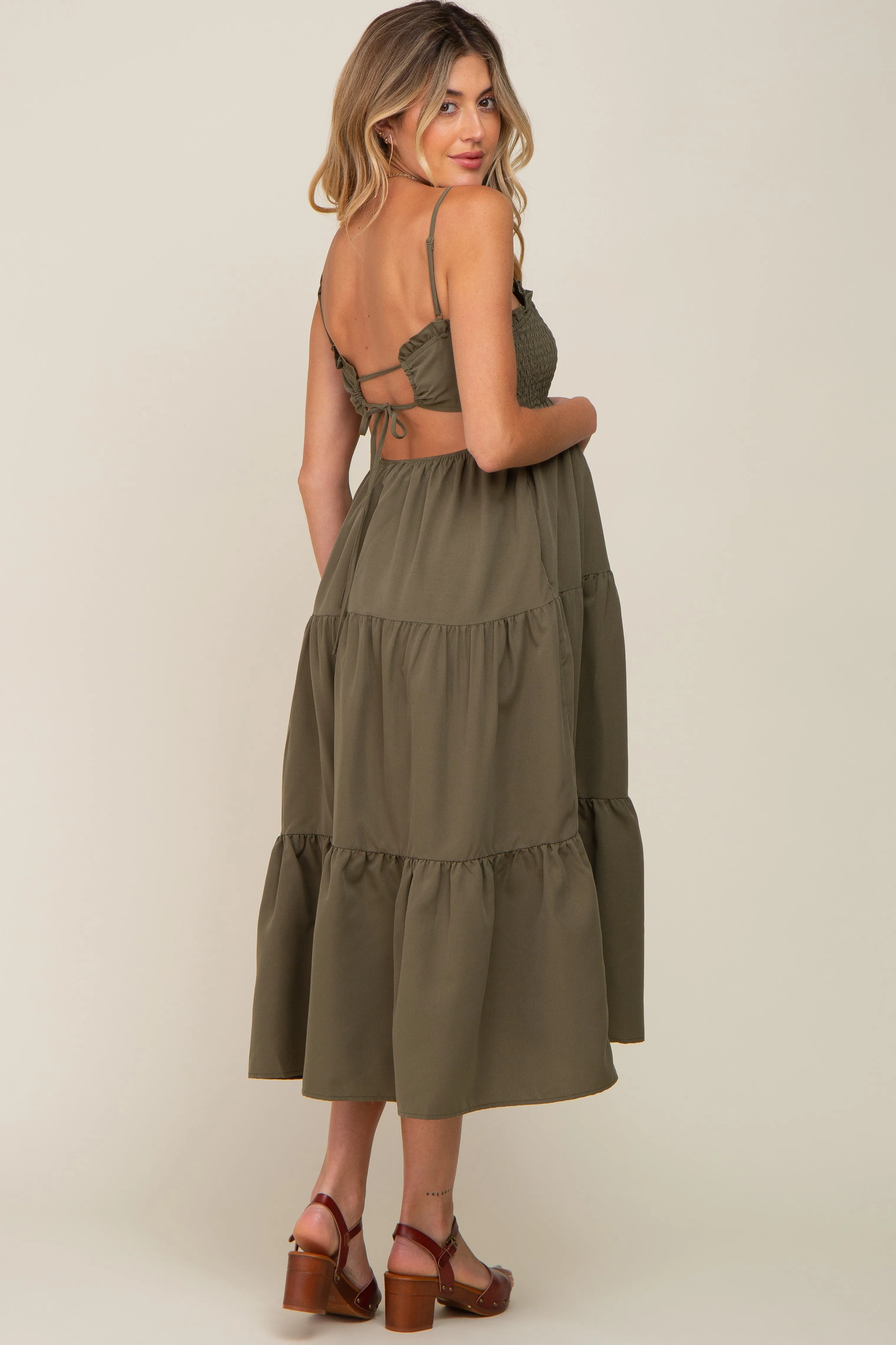 Olive Smocked Open Back Tiered Maternity Midi Dress sold by Pinkblush product image thumbnail 4