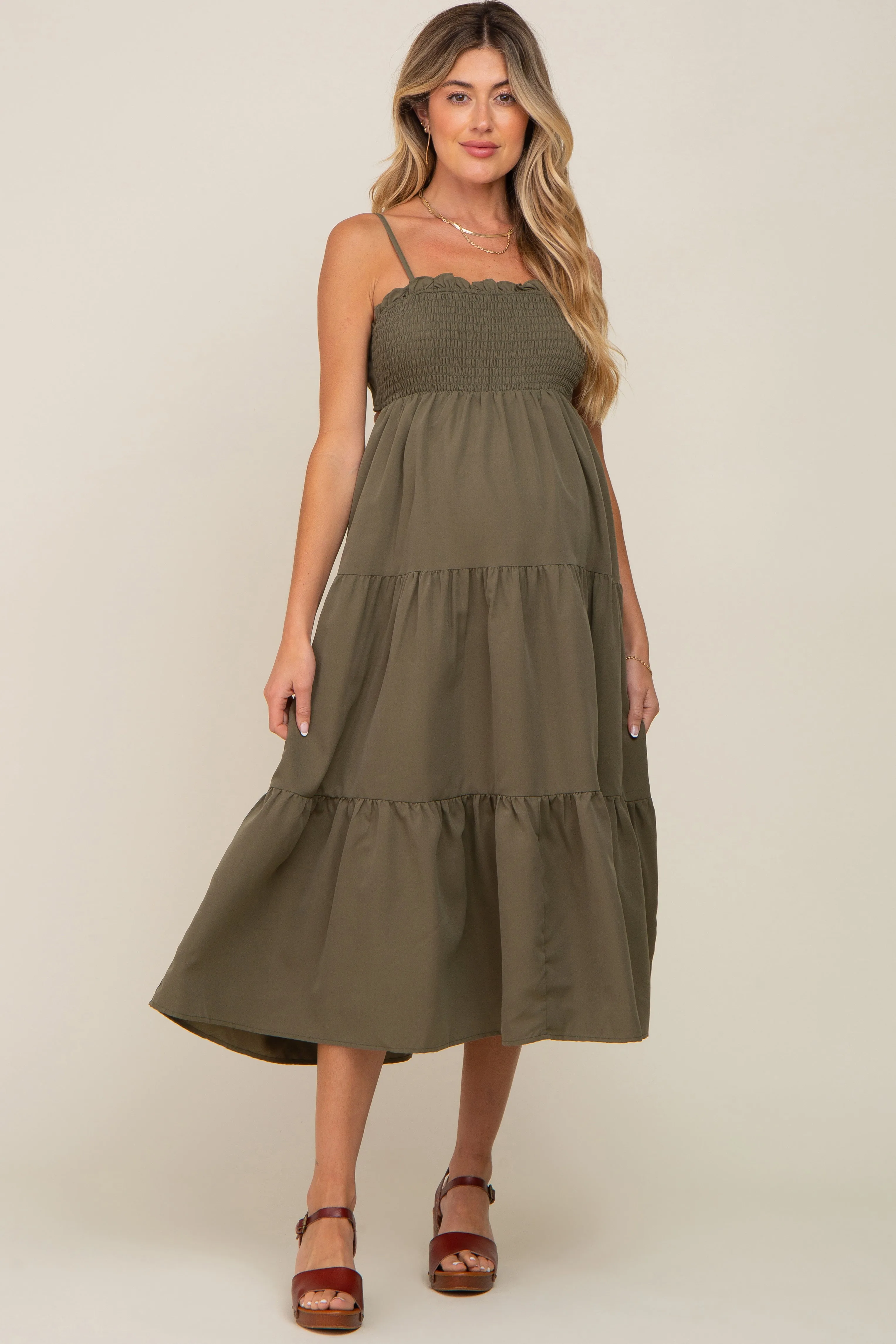 Olive Smocked Open Back Tiered Maternity Midi Dress sold by Pinkblush