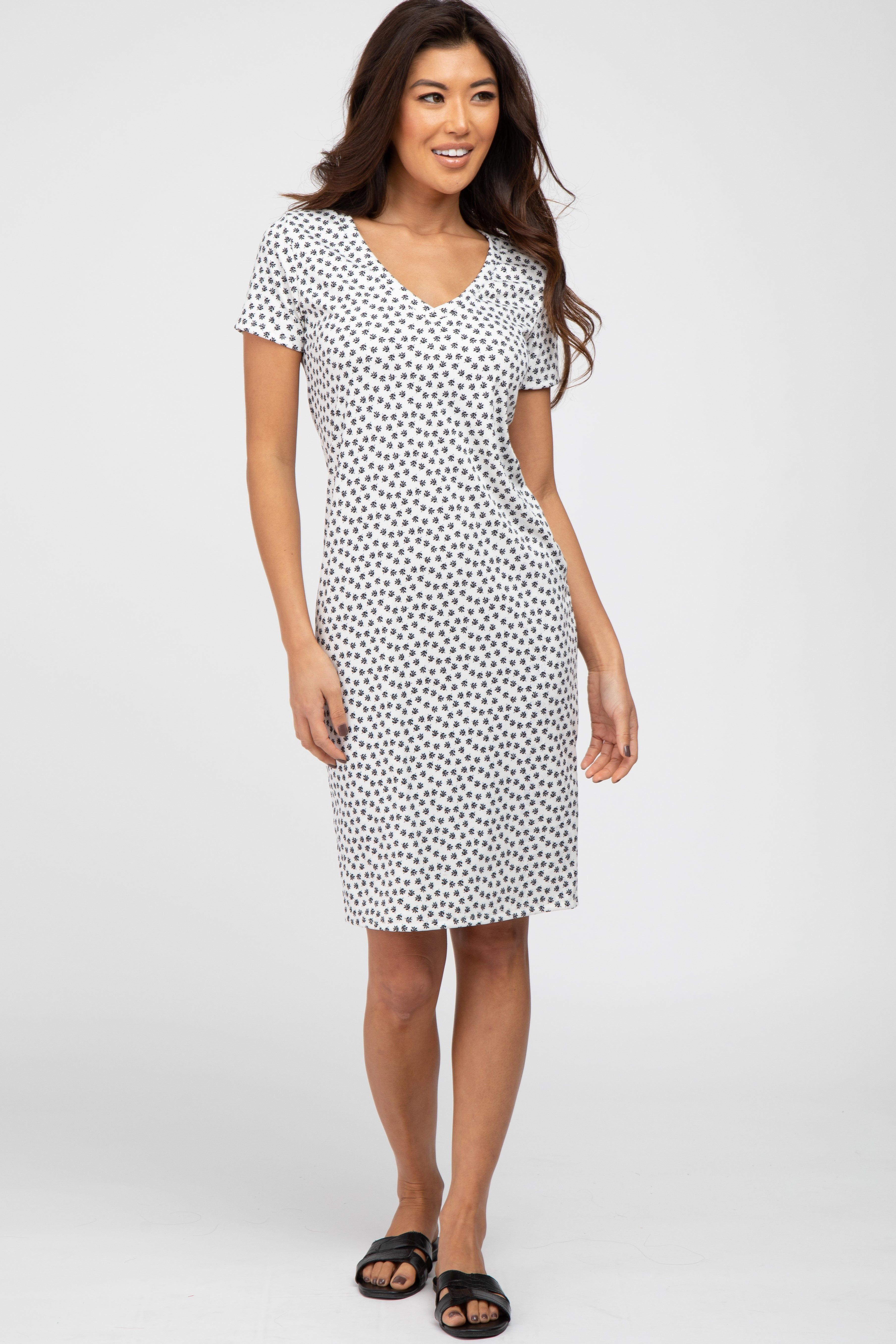 White Ditsy Floral V-Neck Dress sold by Pinkblush