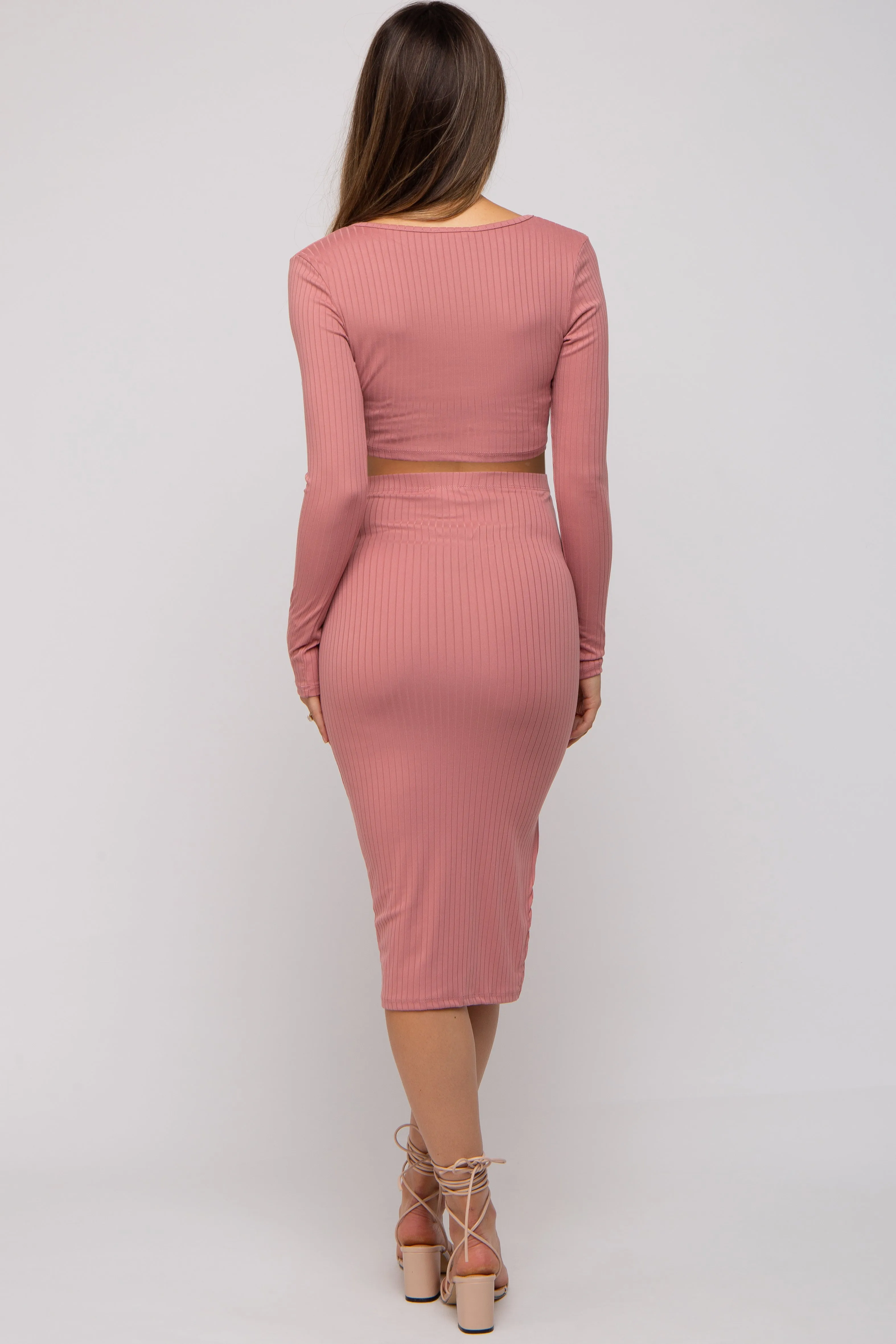Mauve Ribbed Maternity Crop Top Midi Skirt Set sold by Pinkblush product image thumbnail 3