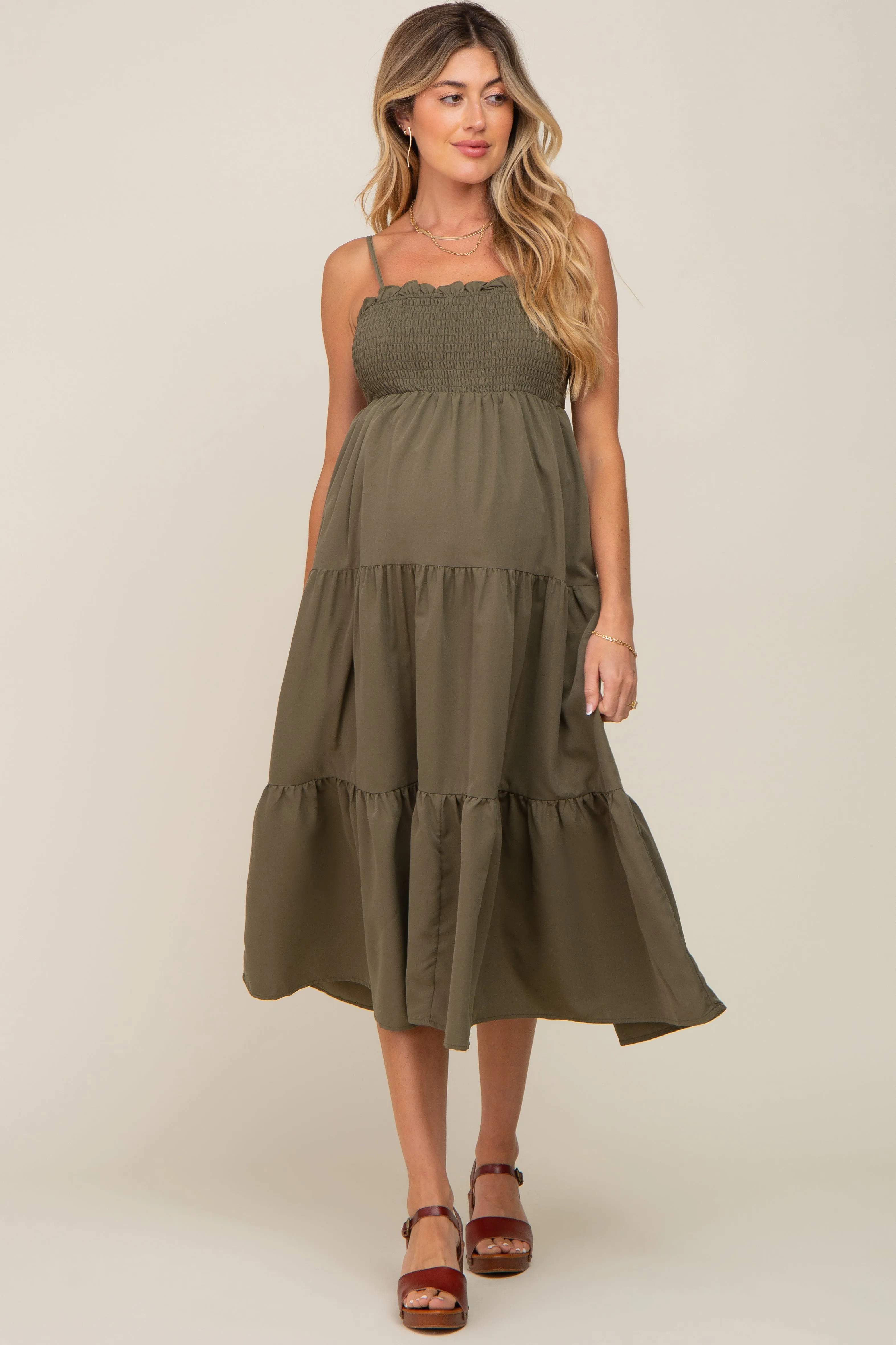 Olive Smocked Open Back Tiered Maternity Midi Dress sold by Pinkblush product image thumbnail 5