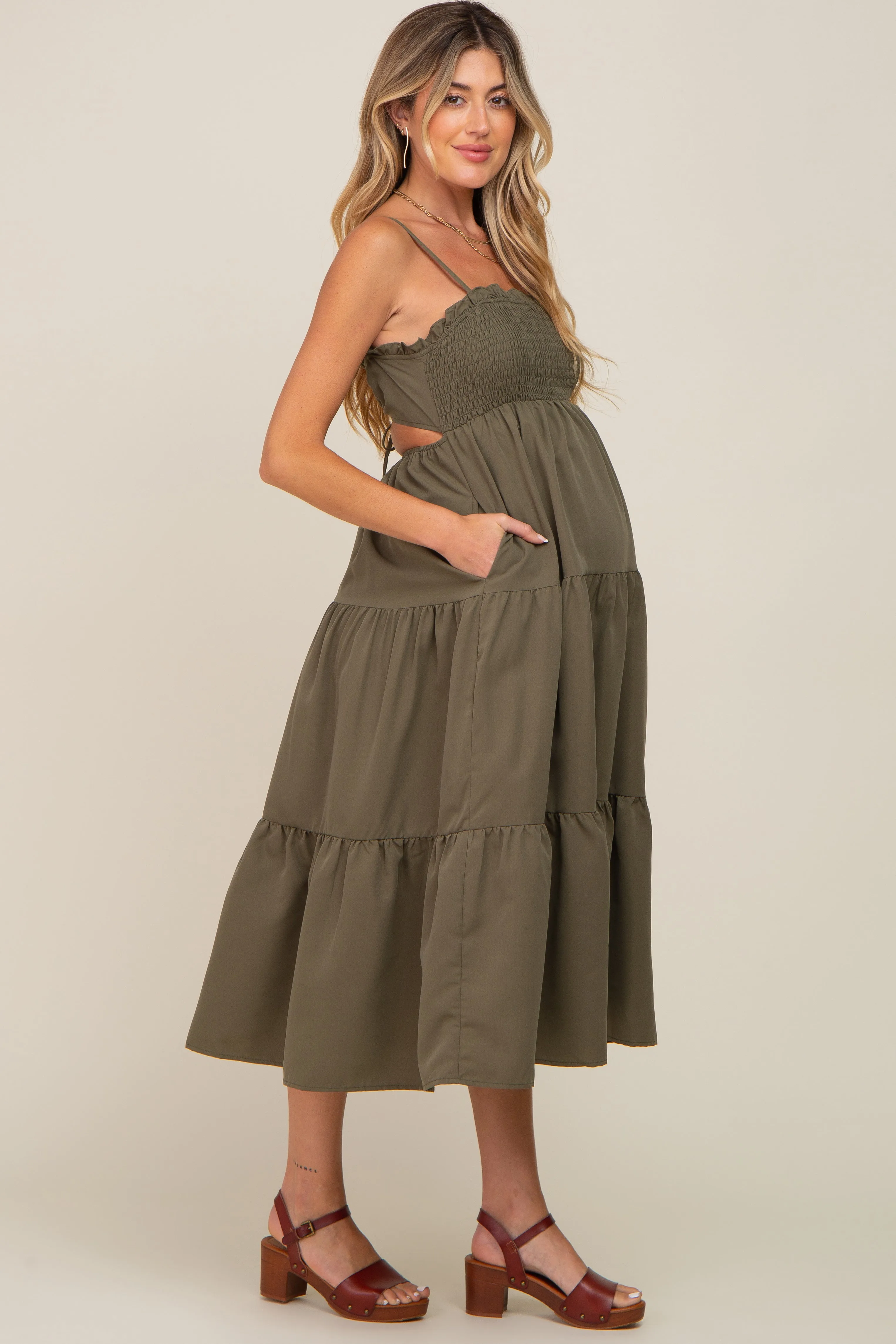 Olive Smocked Open Back Tiered Maternity Midi Dress sold by Pinkblush product image thumbnail 2