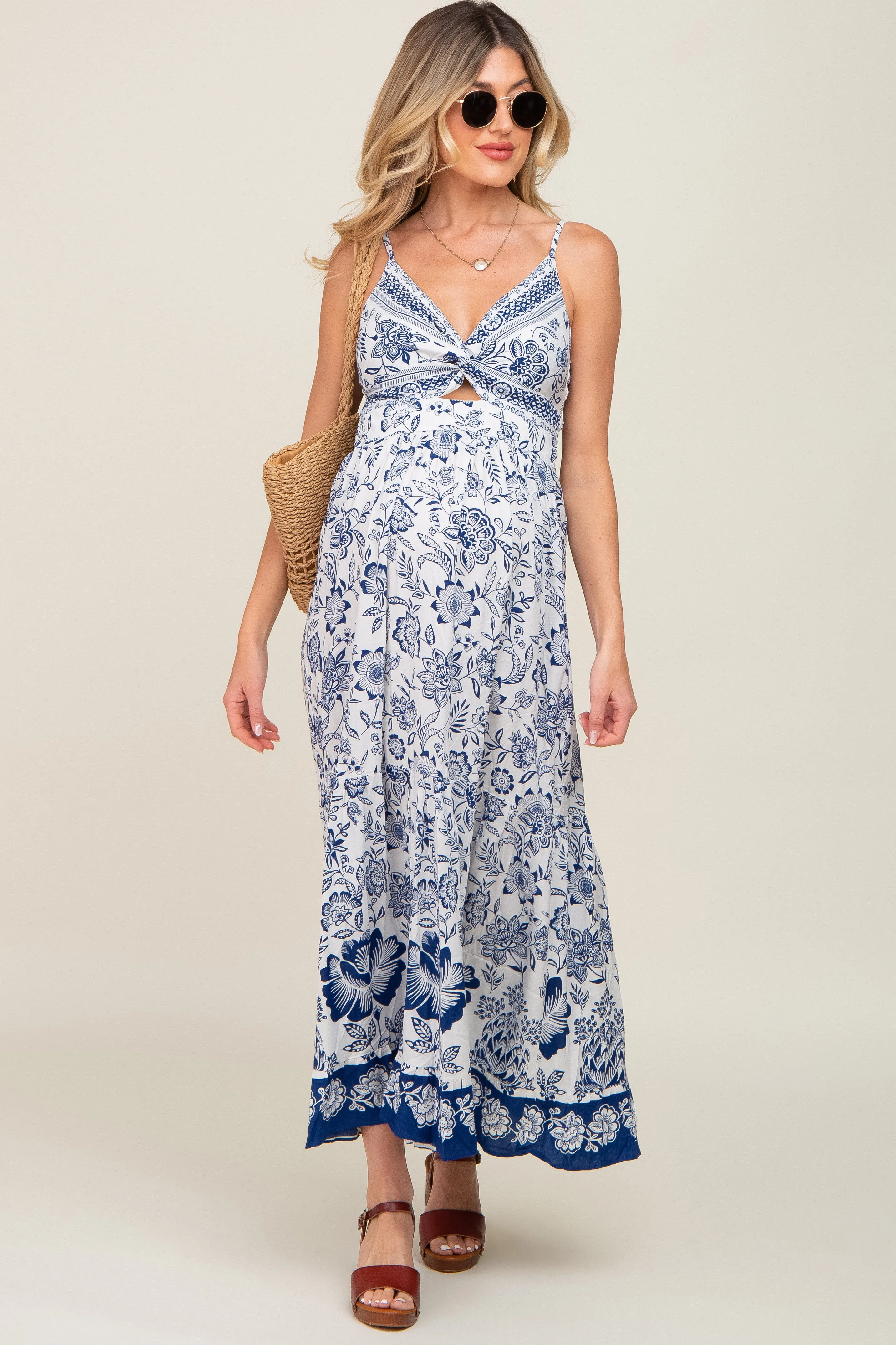 Navy Blue Floral Front Twist Maternity Maxi Dress sold by Pinkblush product image thumbnail 4