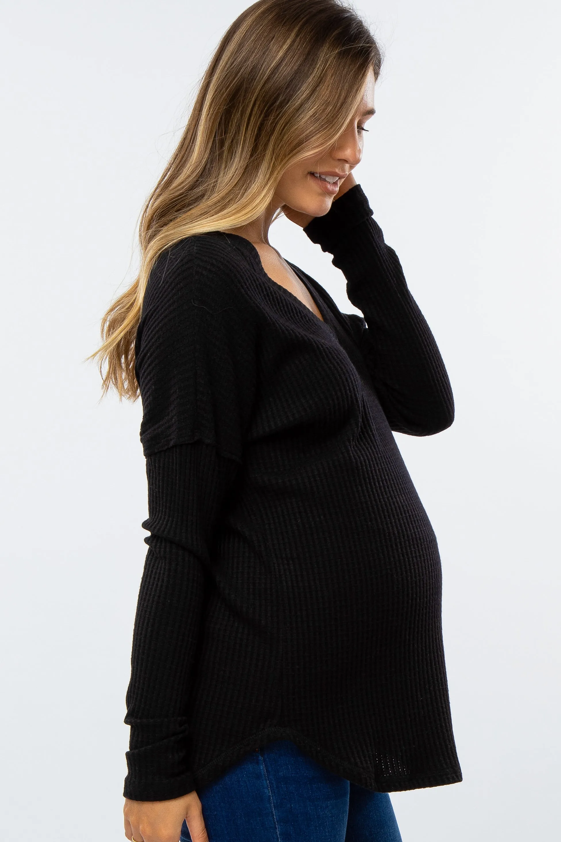 Black Waffle Knit Long Sleeve Maternity Top sold by Pinkblush product image thumbnail 2