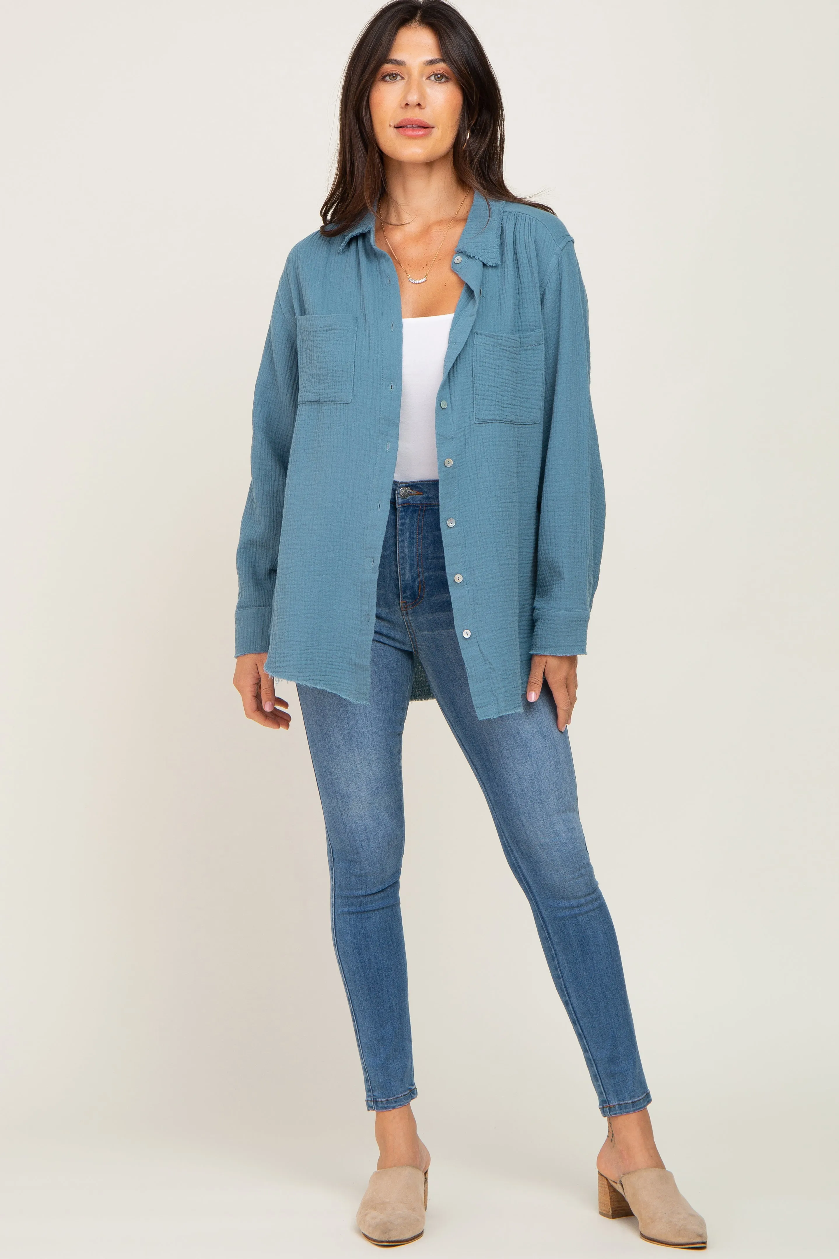 Blue Frayed Hem Button Down Top sold by Pinkblush product image thumbnail 4