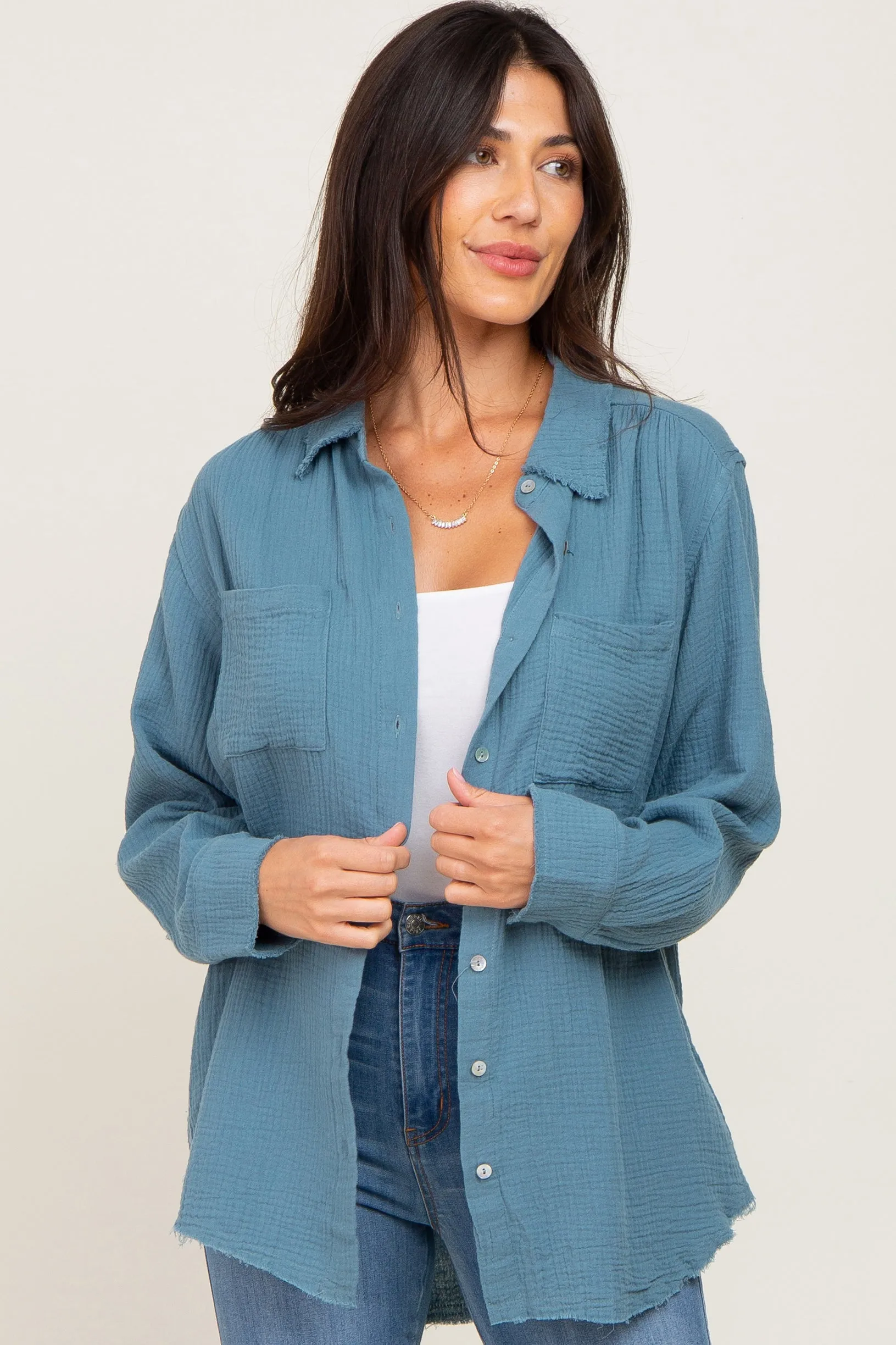 Blue Frayed Hem Button Down Top sold by Pinkblush