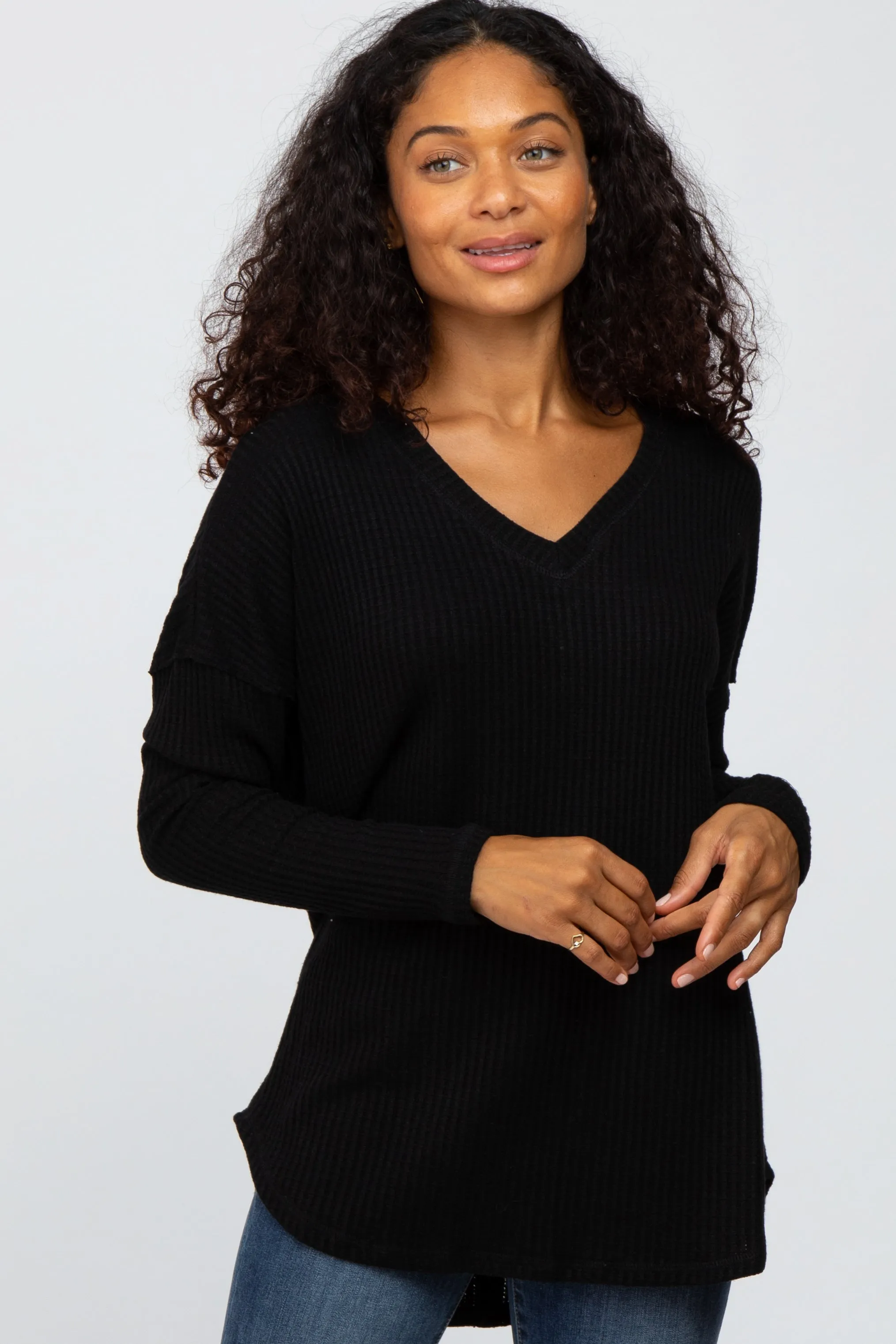 Black Waffle Knit Long Sleeve Maternity Top sold by Pinkblush product image thumbnail 5