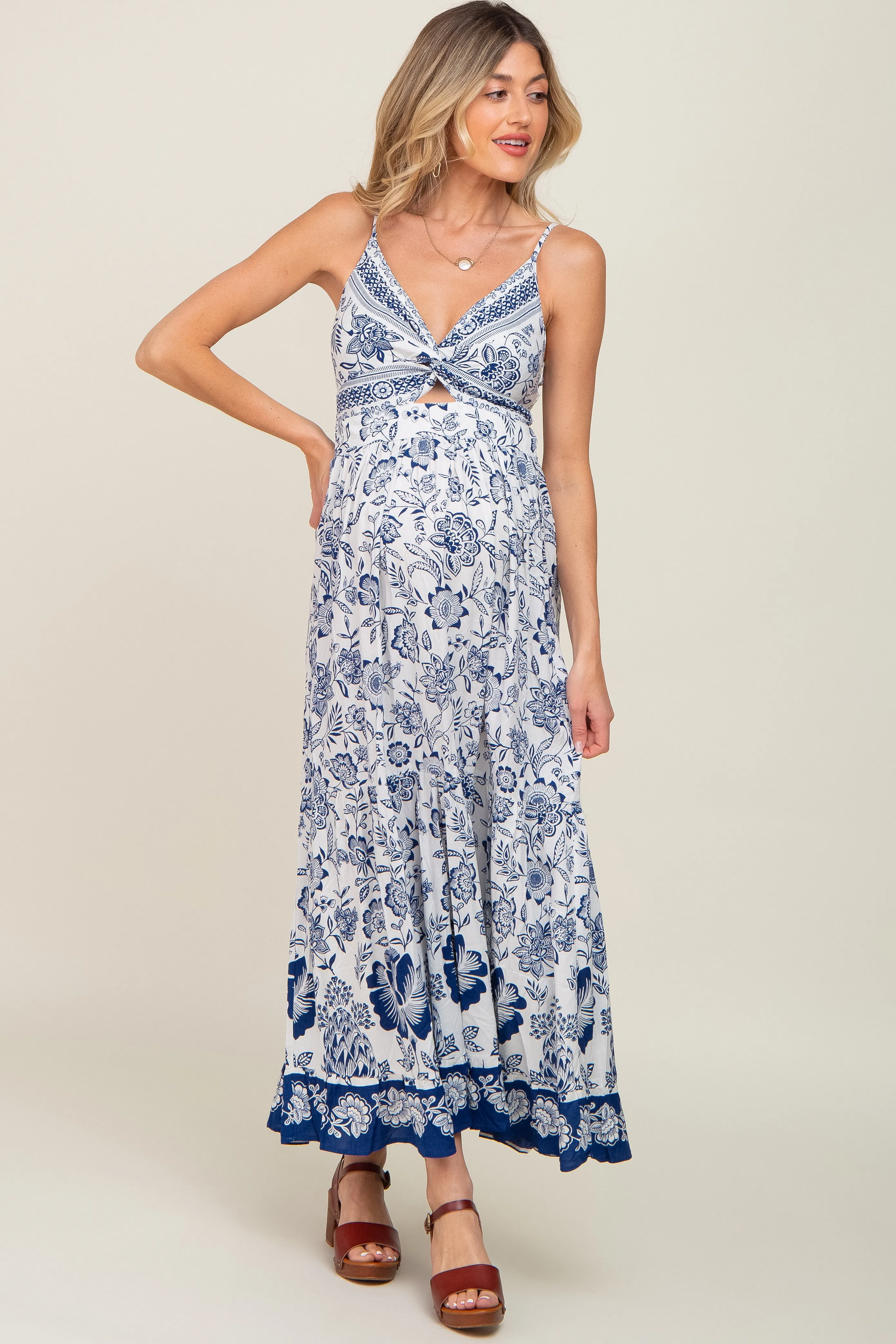 Navy Blue Floral Front Twist Maternity Maxi Dress sold by Pinkblush product image thumbnail 5