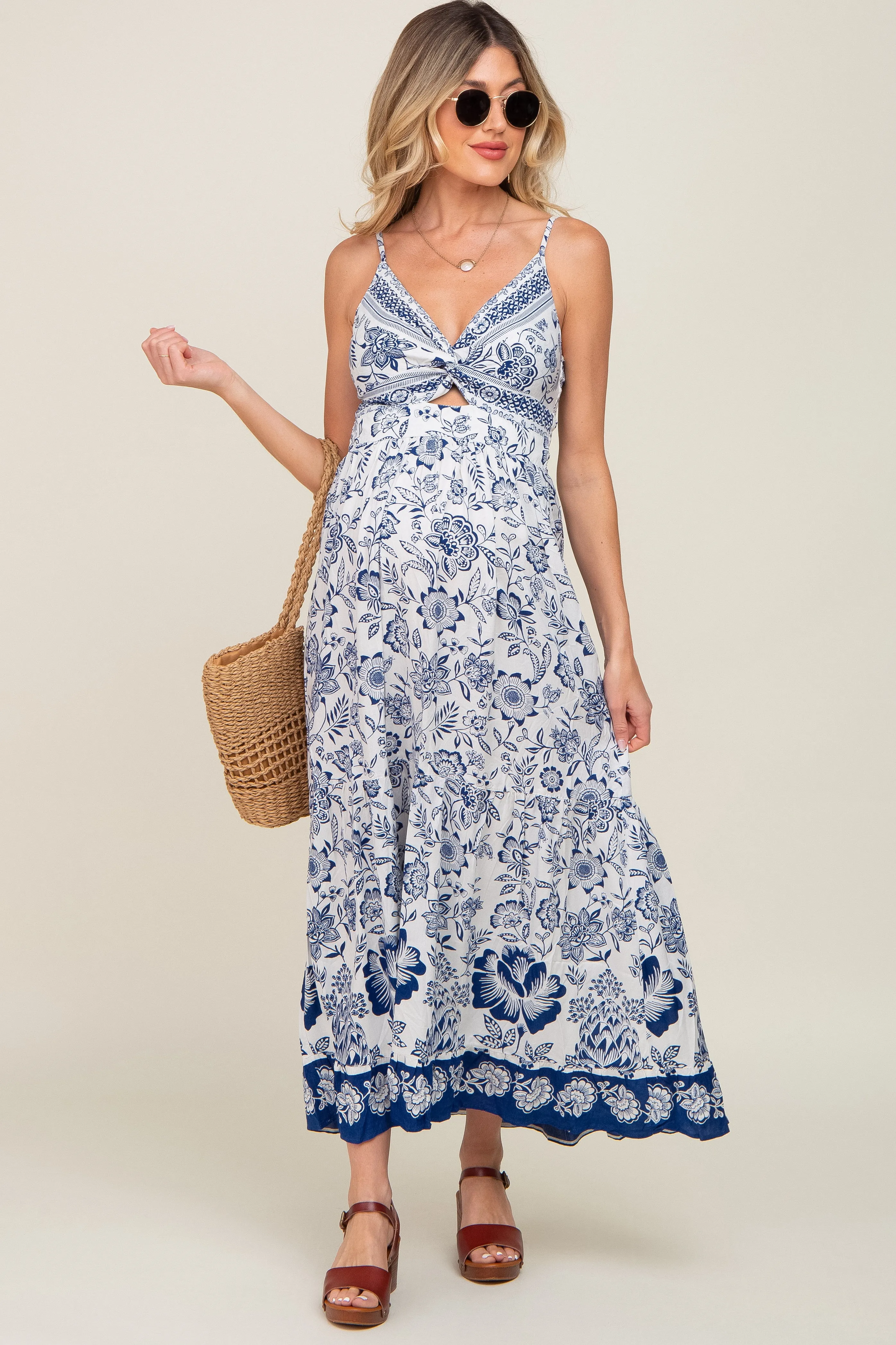 Navy Blue Floral Front Twist Maternity Maxi Dress sold by Pinkblush