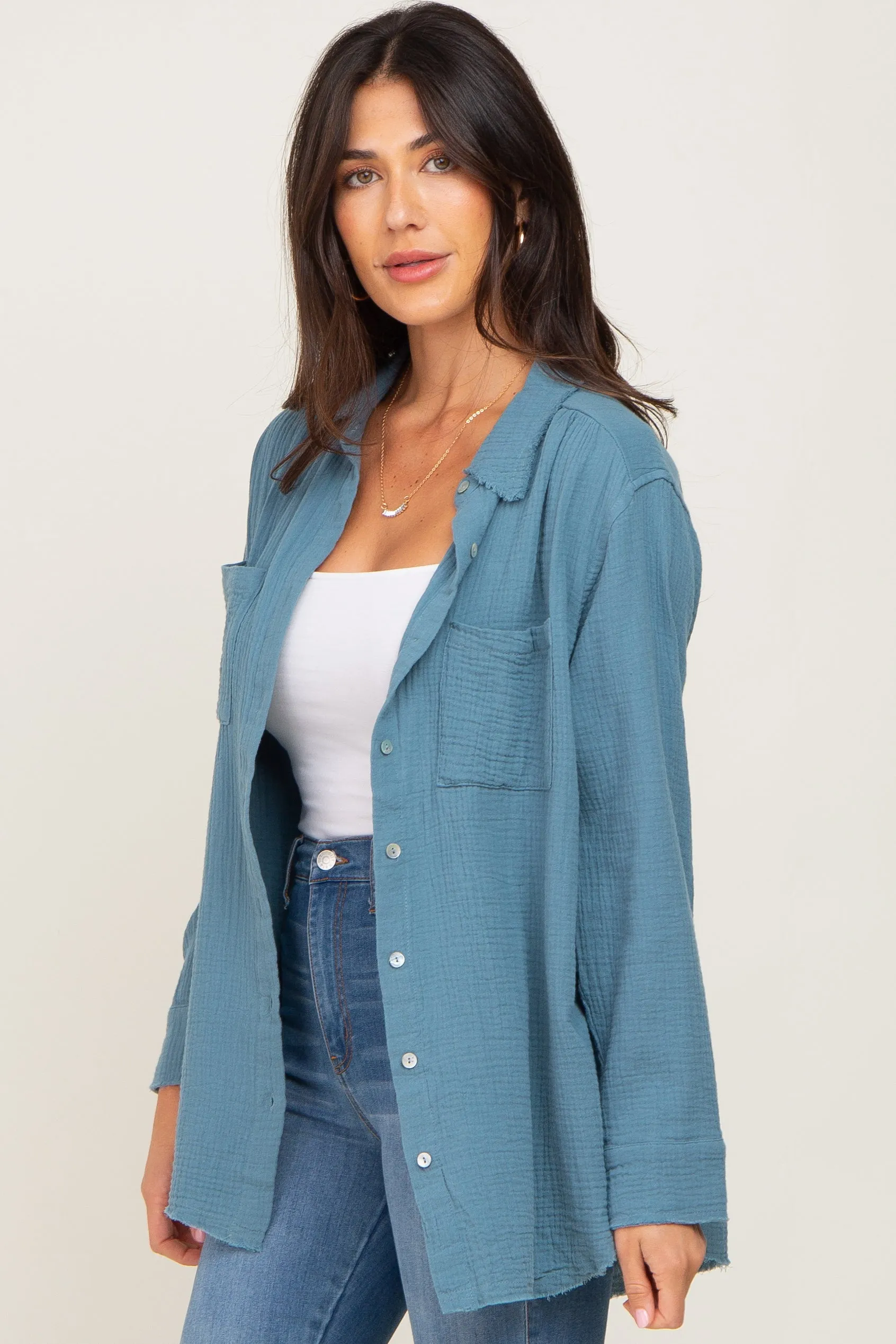 Blue Frayed Hem Button Down Top sold by Pinkblush product image thumbnail 2