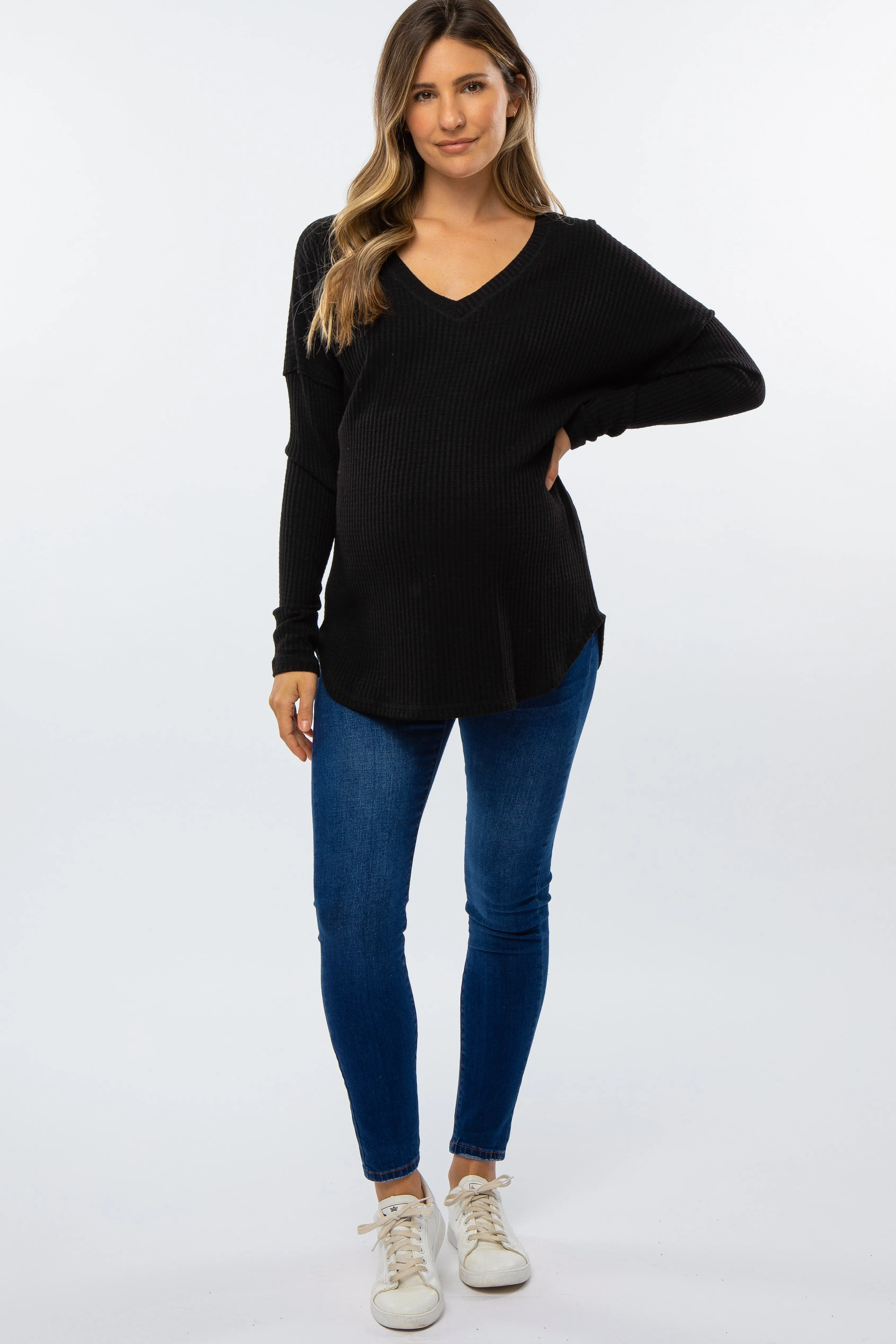Black Waffle Knit Long Sleeve Maternity Top sold by Pinkblush product image thumbnail 4