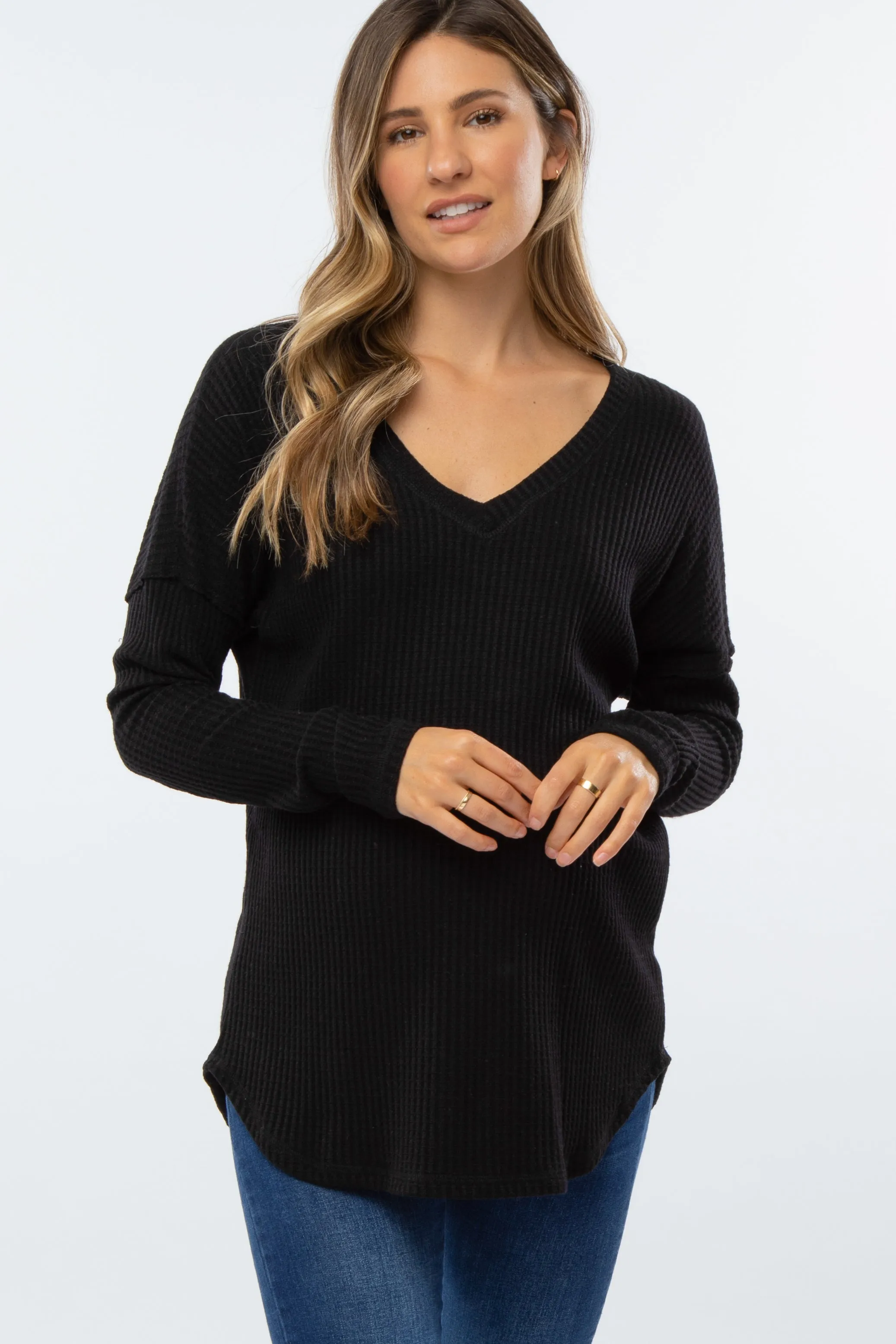 Black Waffle Knit Long Sleeve Maternity Top sold by Pinkblush