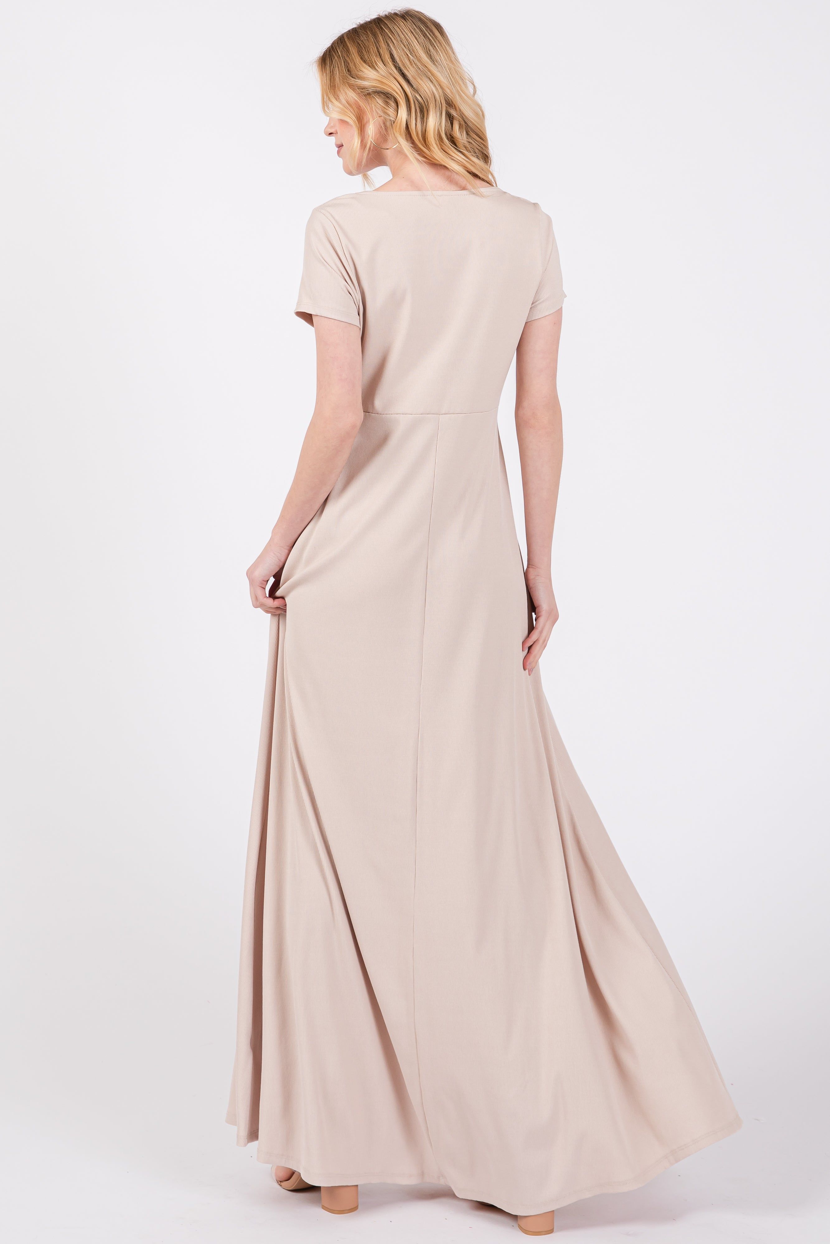 Beige Ribbed Square Neck Short Sleeve Maxi Dress sold by Pinkblush product image thumbnail 3