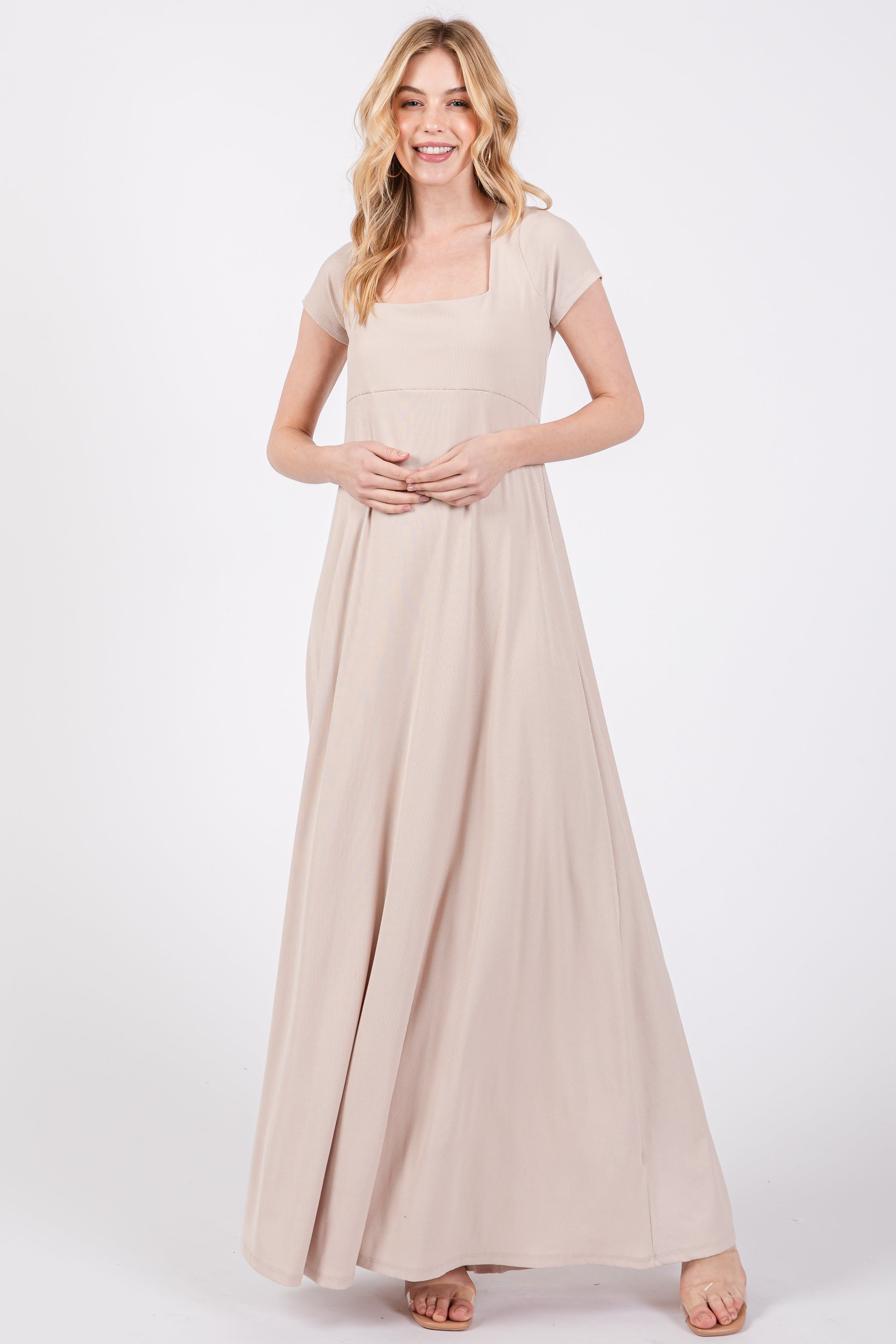 Beige Ribbed Square Neck Short Sleeve Maxi Dress sold by Pinkblush