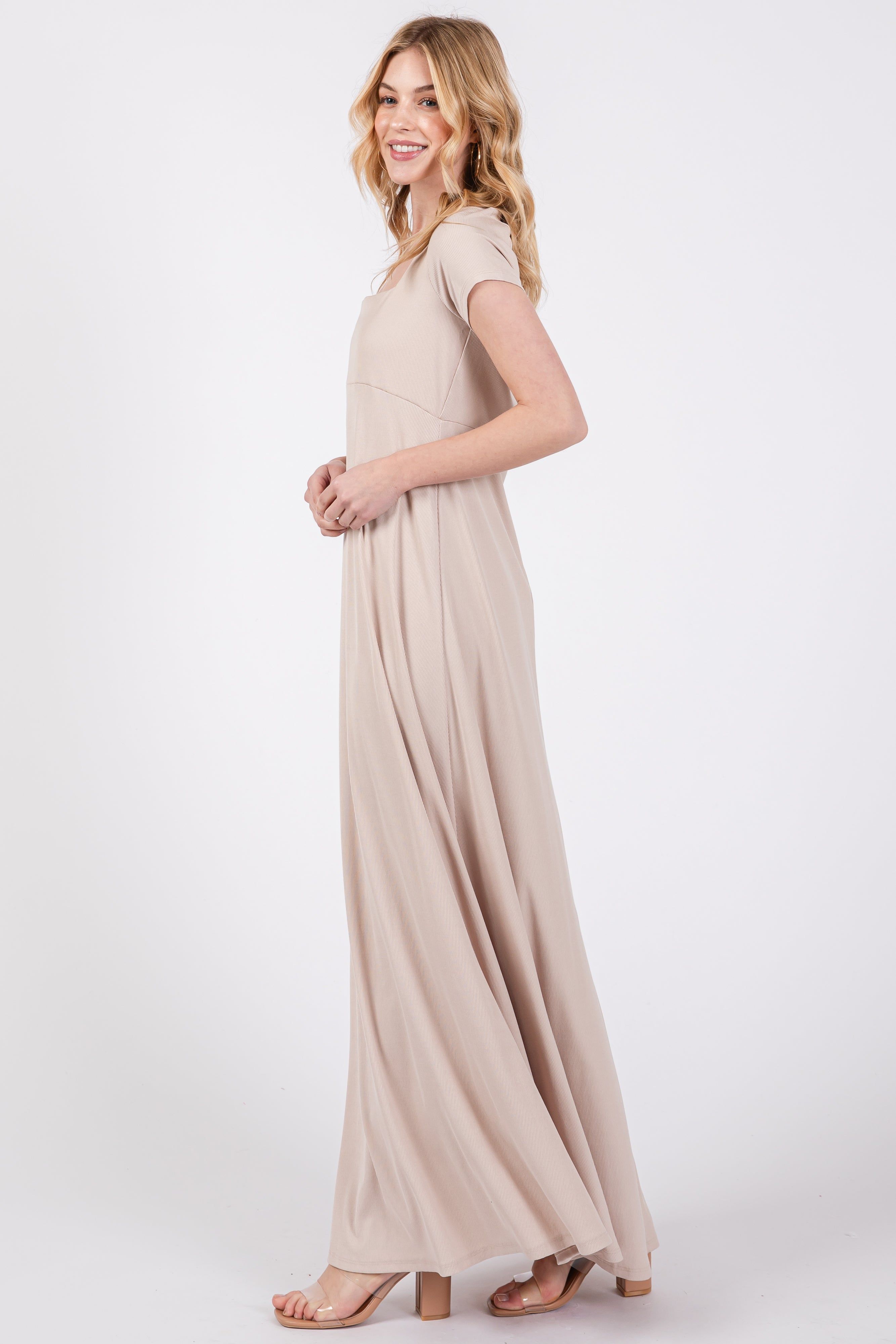 Beige Ribbed Square Neck Short Sleeve Maxi Dress sold by Pinkblush product image thumbnail 2