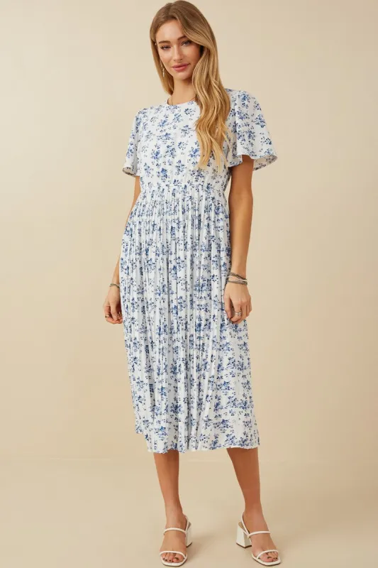 Blue Floral Peated Midi Dress sold by Pinkblush