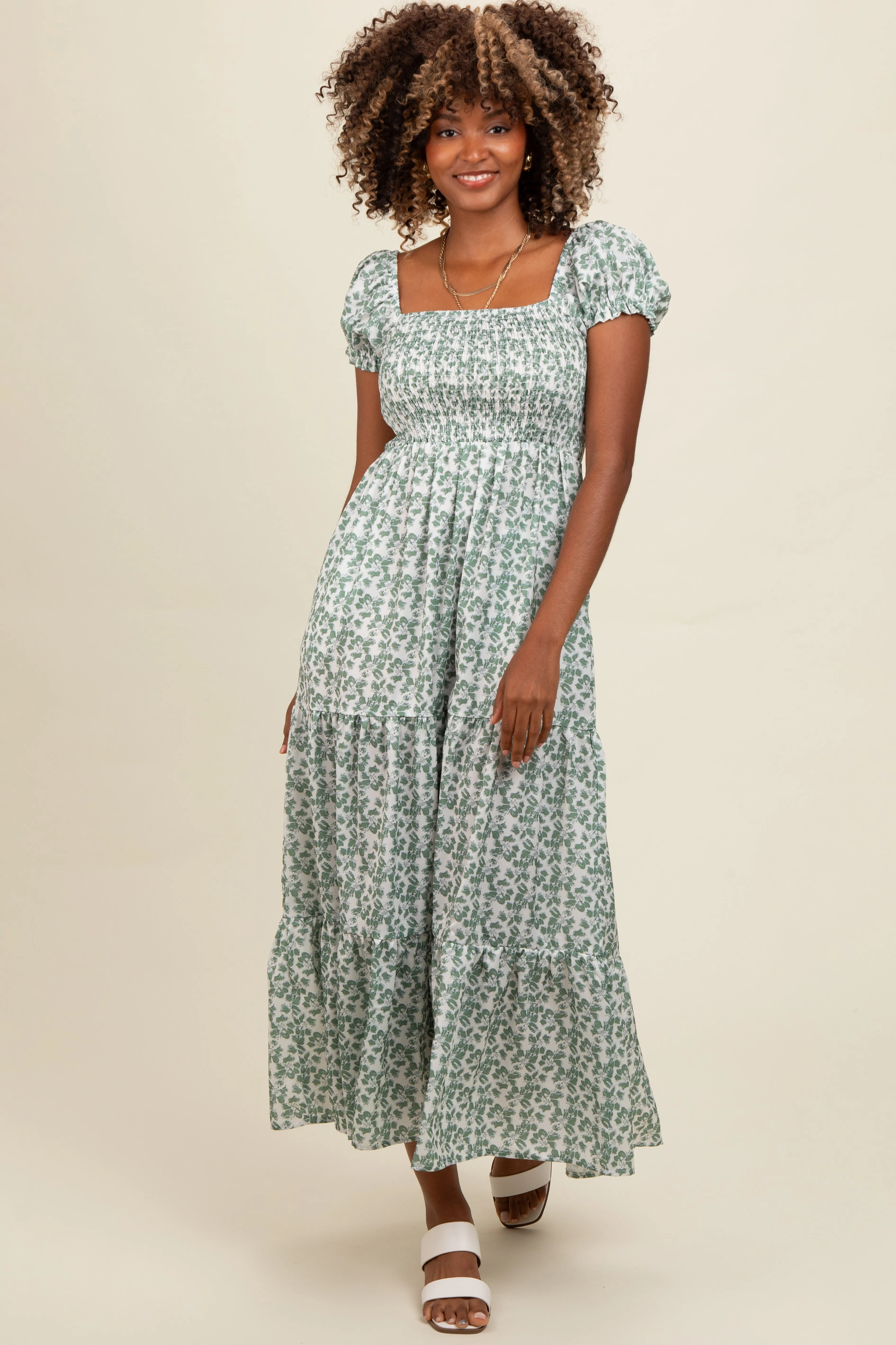 Olive Floral Puff Sleeve Smocked Maxi Dress sold by Pinkblush