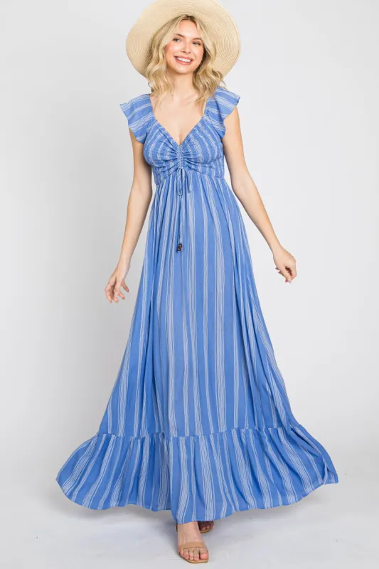 Blue Striped Off Shoulder Front Tie Maxi Dress sold by Pinkblush