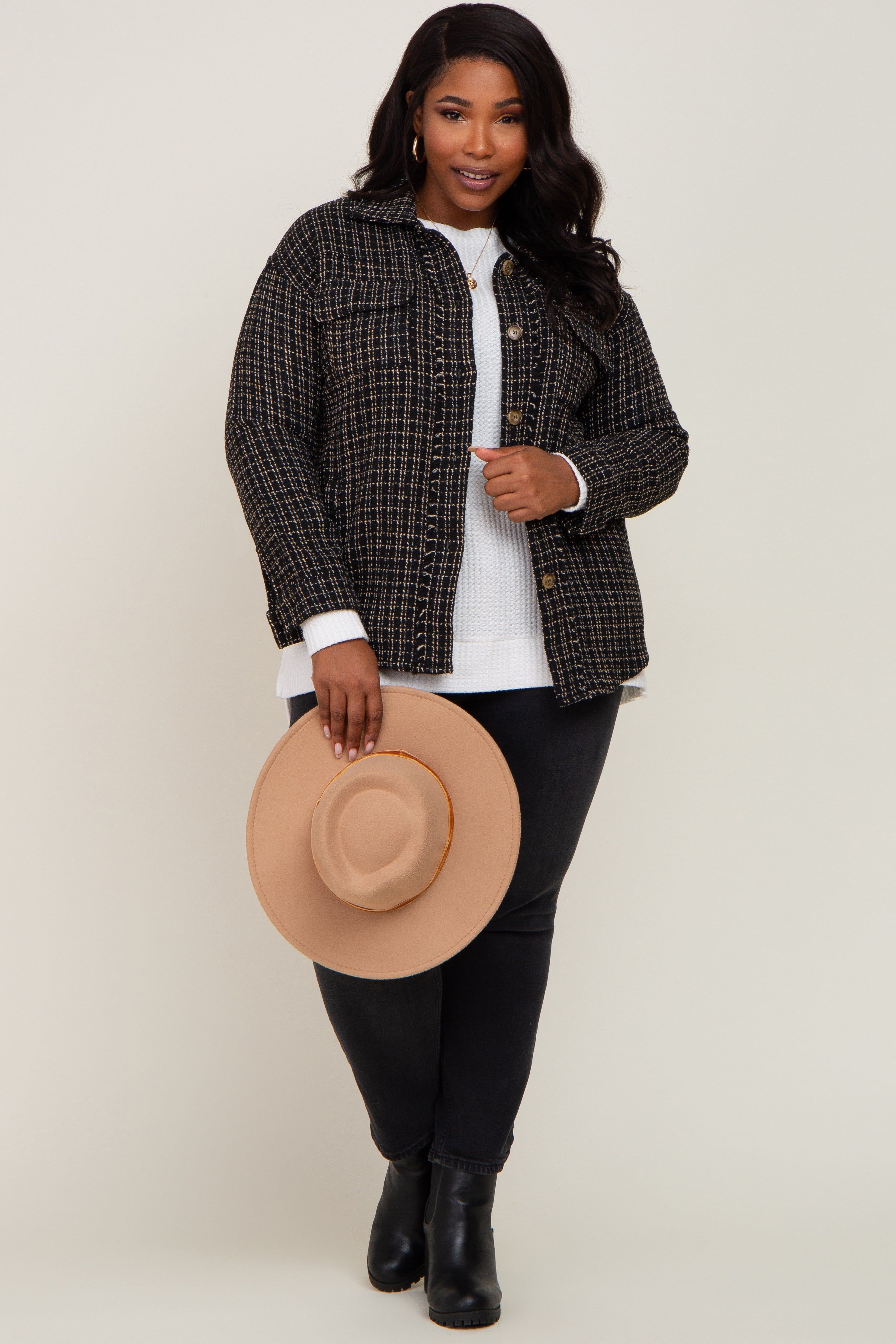 Black Tweed Front Pocket Plus Shacket sold by Pinkblush product image thumbnail 4