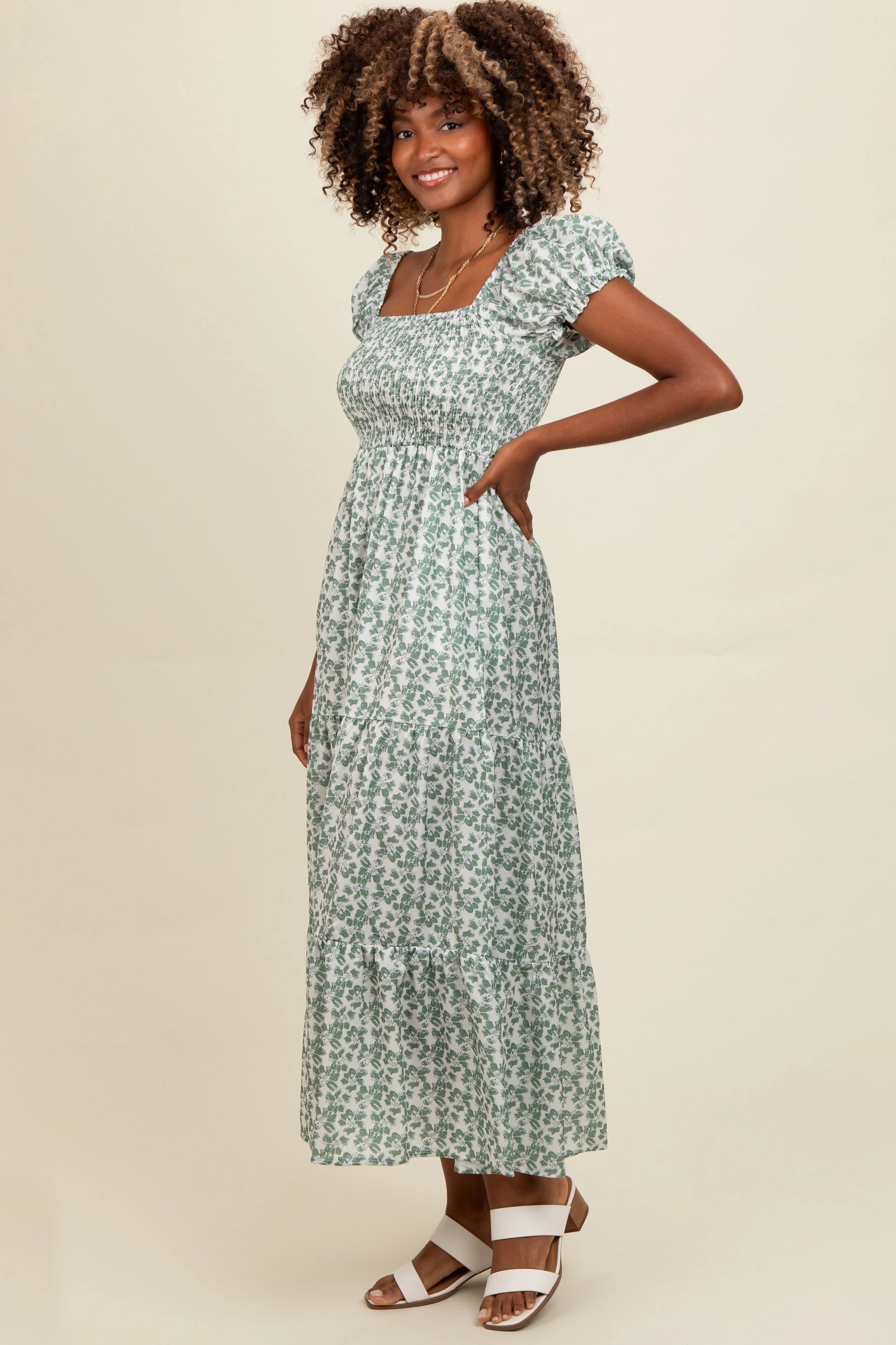 Olive Floral Puff Sleeve Smocked Maxi Dress sold by Pinkblush product image thumbnail 2