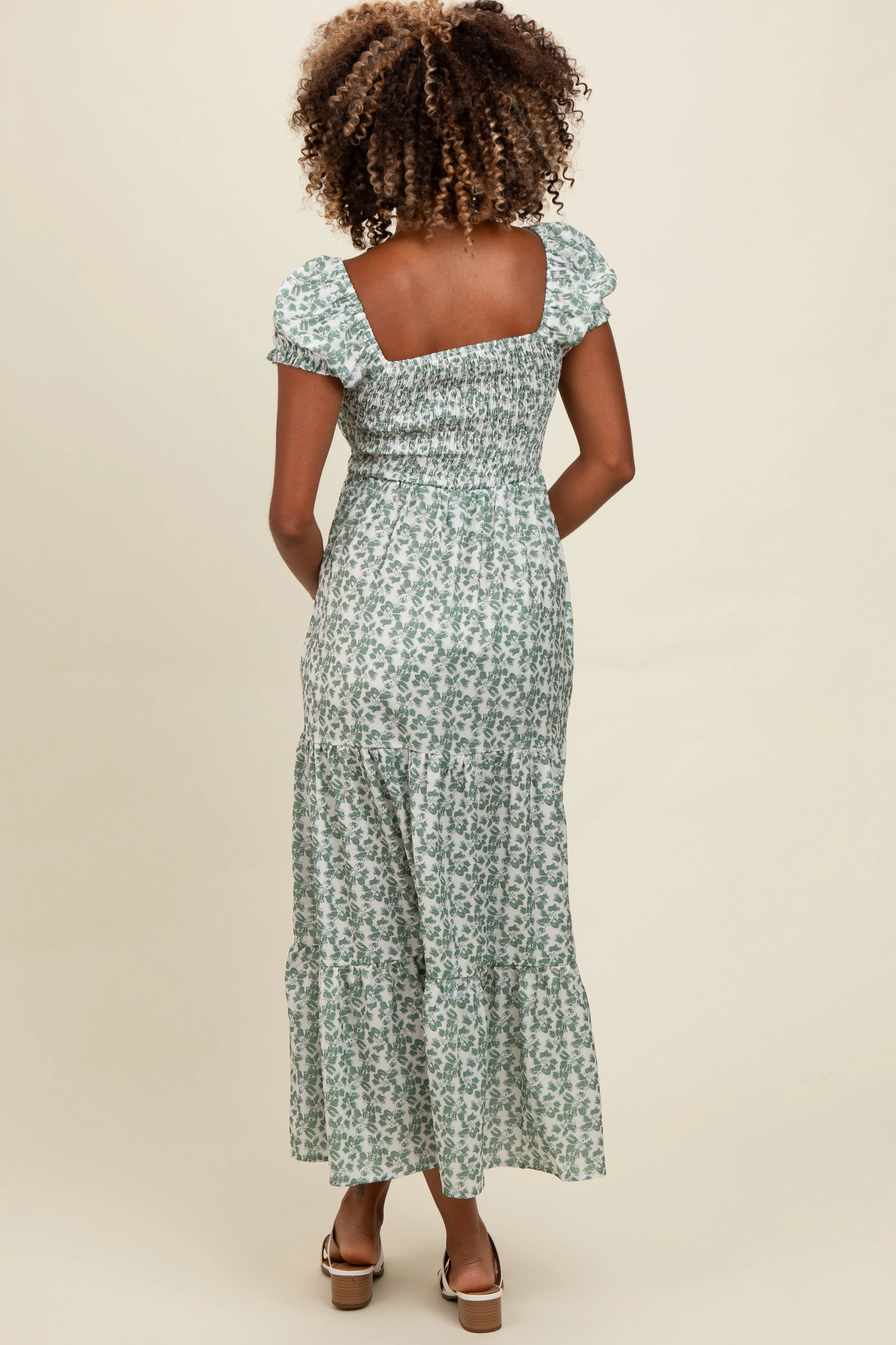 Olive Floral Puff Sleeve Smocked Maxi Dress sold by Pinkblush product image thumbnail 3
