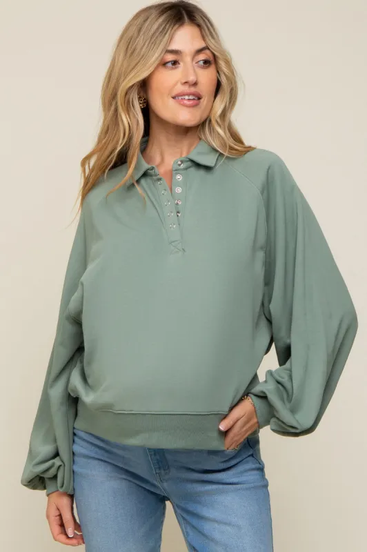 Sage Collared Button Maternity Pullover sold by Pinkblush