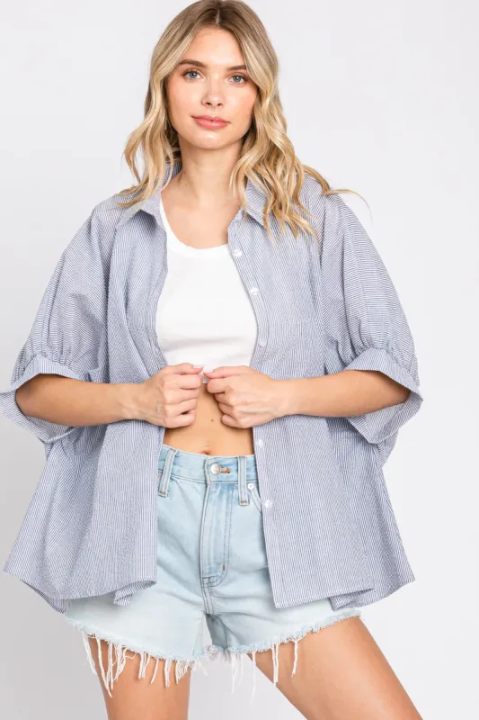 Navy Blue Striped Button-Down Dolman Short Sleeve Top sold by Pinkblush