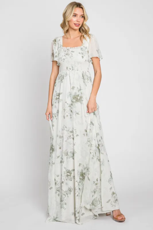 Mint Green Floral Chiffon Square Neck Smocked Maxi Dress sold by Pinkblush