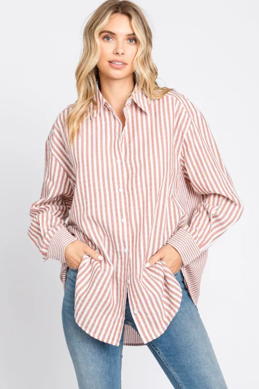Mauve Striped Button Up Long Sleeve Top sold by Pinkblush