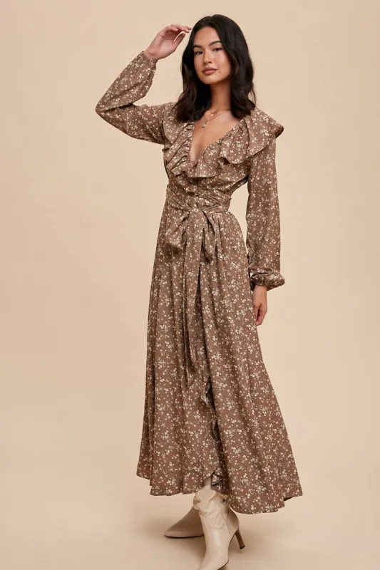 Mocha Floral Ruffle V-Neck Wrap Front Maxi Dress sold by Pinkblush