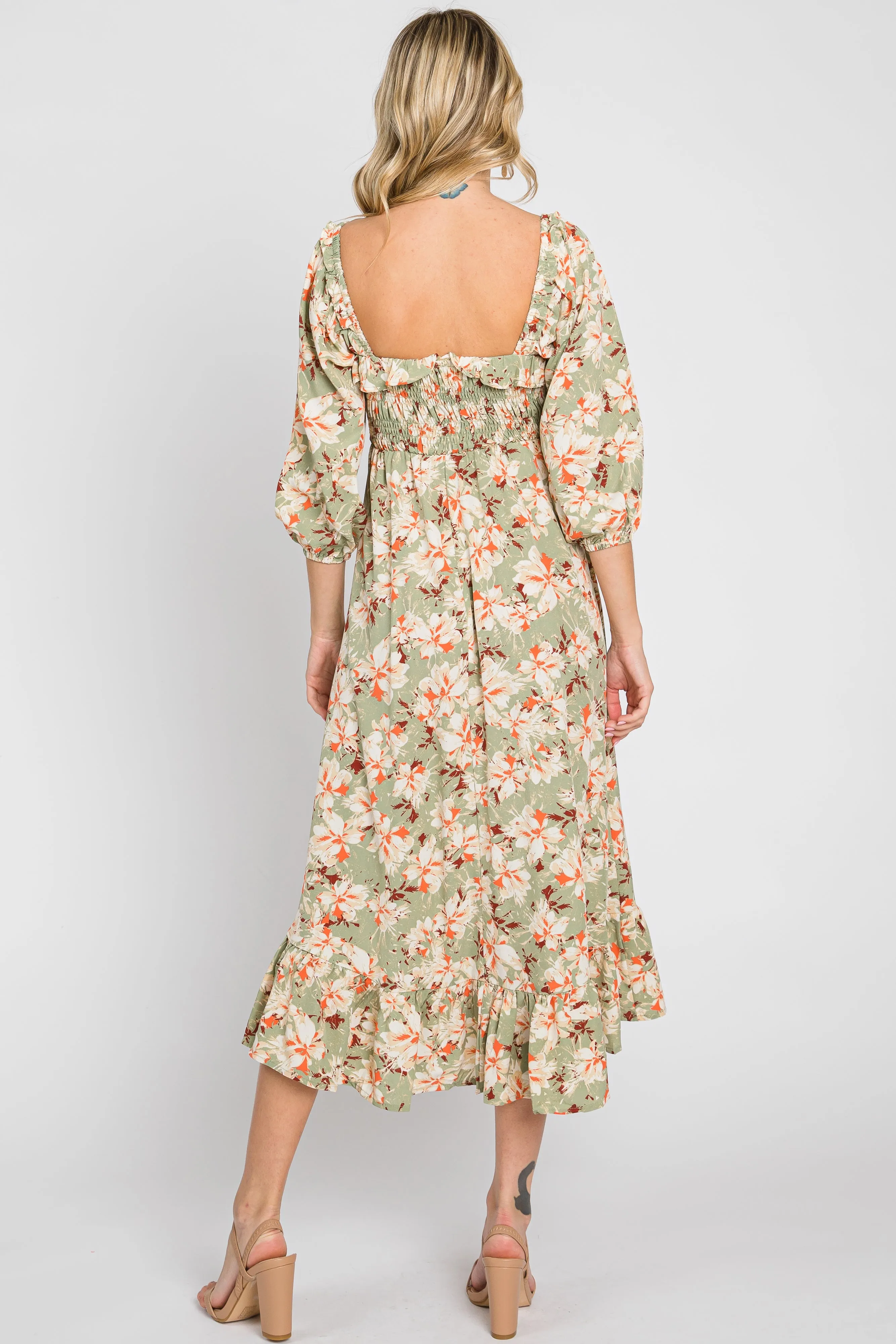 Light Olive Floral Ruffle Square Neck Smocked Front Tie Midi Dress sold by Pinkblush product image thumbnail 3