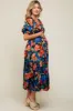 Black Floral Satin Smocked Short Sleeve Maternity Midi Dress sold by Pinkblush