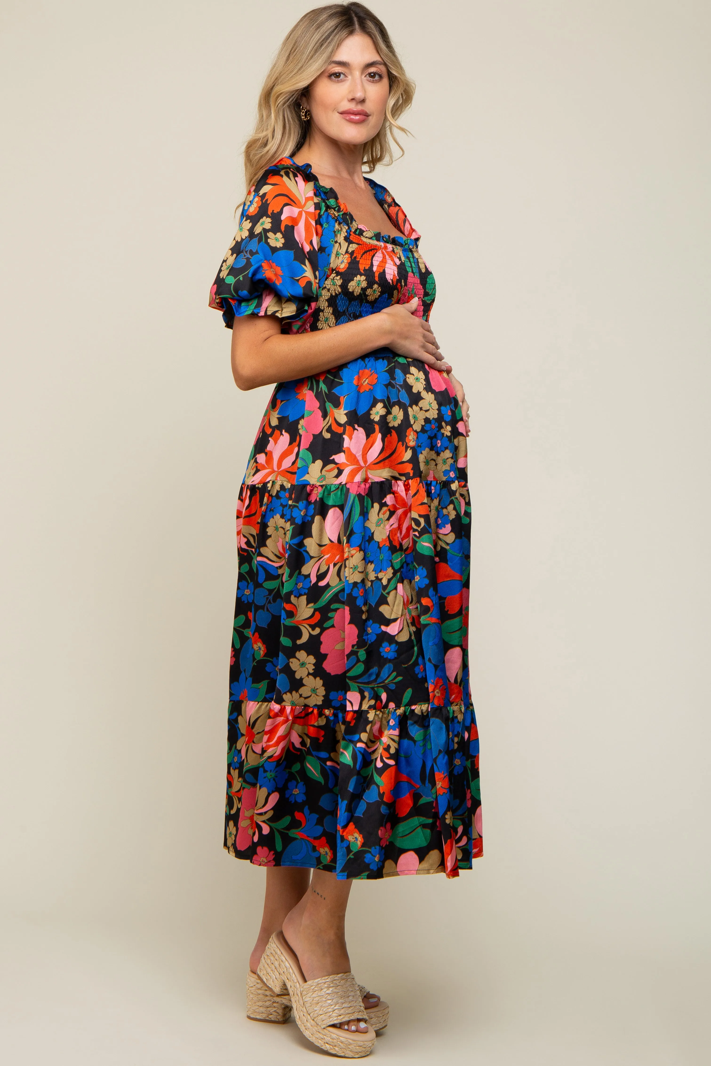 Black Floral Satin Smocked Short Sleeve Maternity Midi Dress sold by Pinkblush product image thumbnail 3
