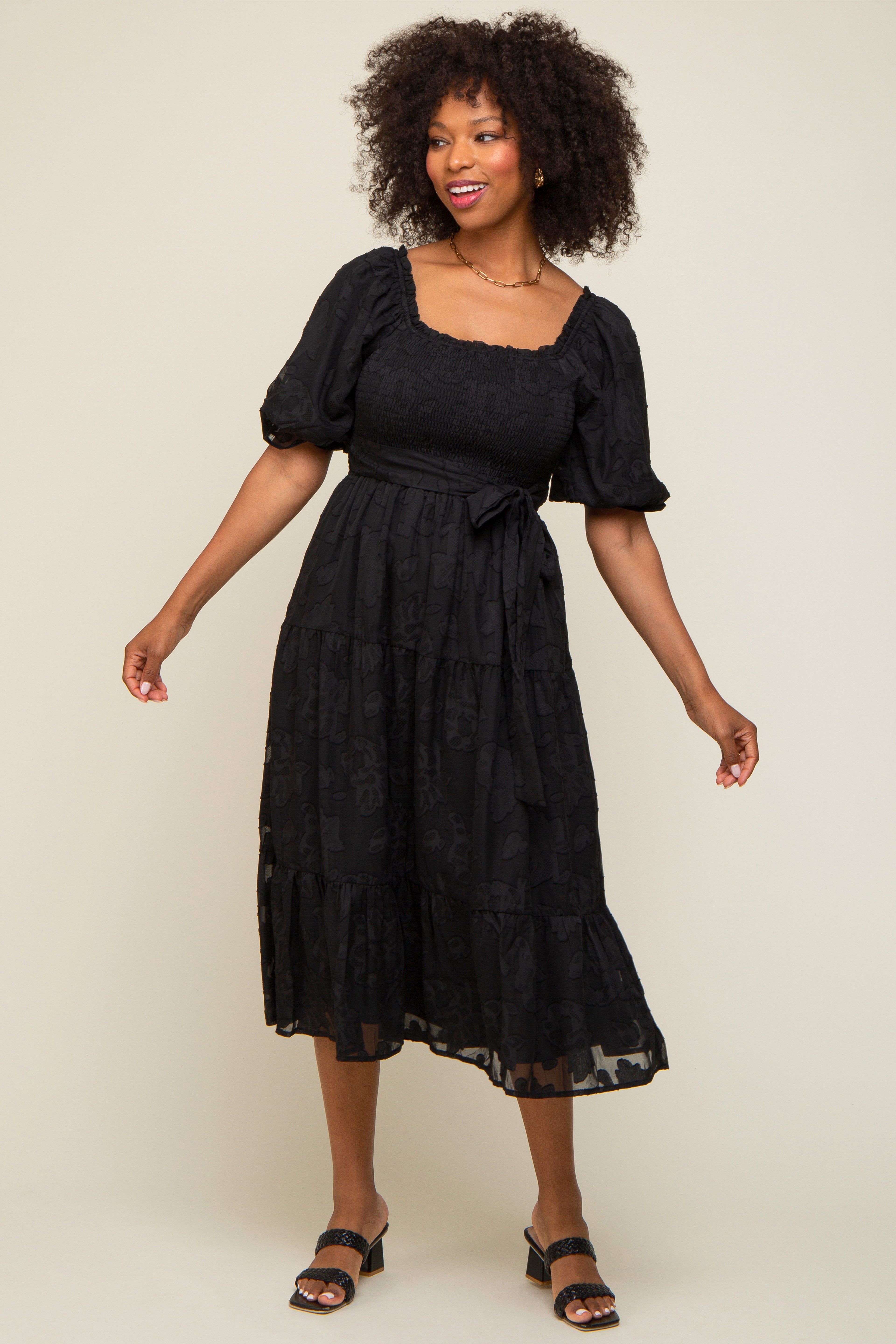 Black Floral Textured Tiered Maternity Midi Dress sold by Pinkblush product image thumbnail 5