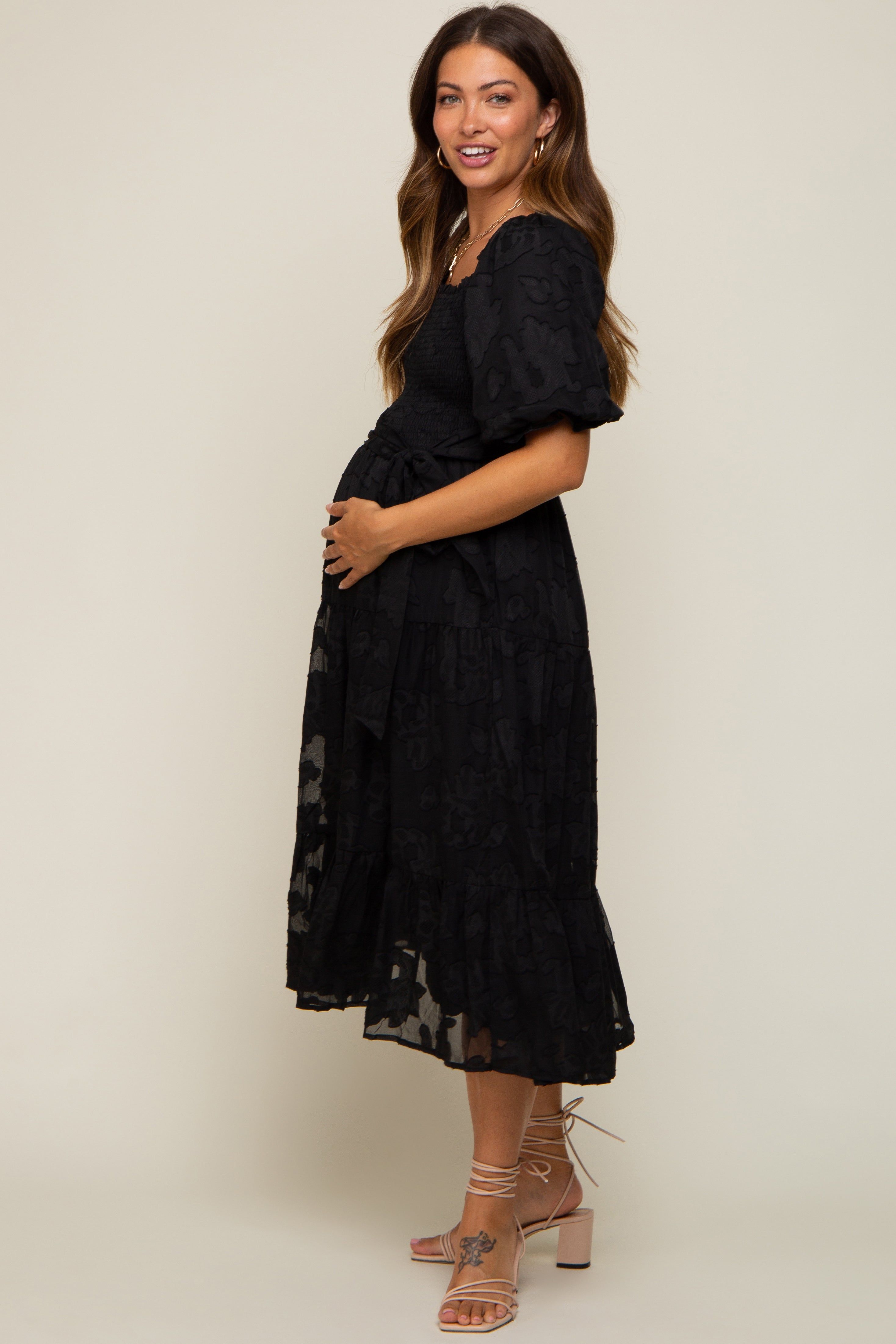 Black Floral Textured Tiered Maternity Midi Dress sold by Pinkblush product image thumbnail 2