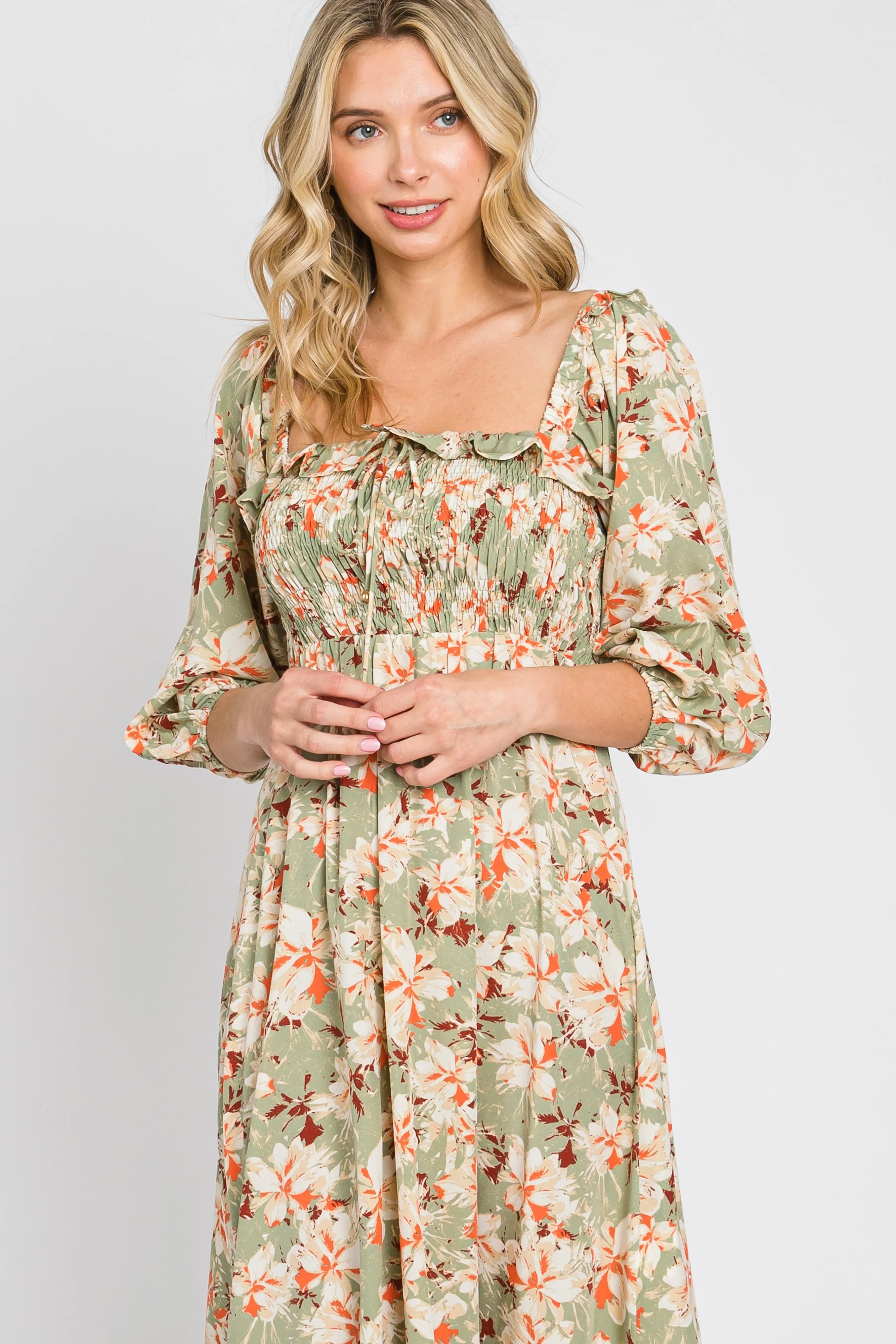Light Olive Floral Ruffle Square Neck Smocked Front Tie Midi Dress sold by Pinkblush product image thumbnail 4