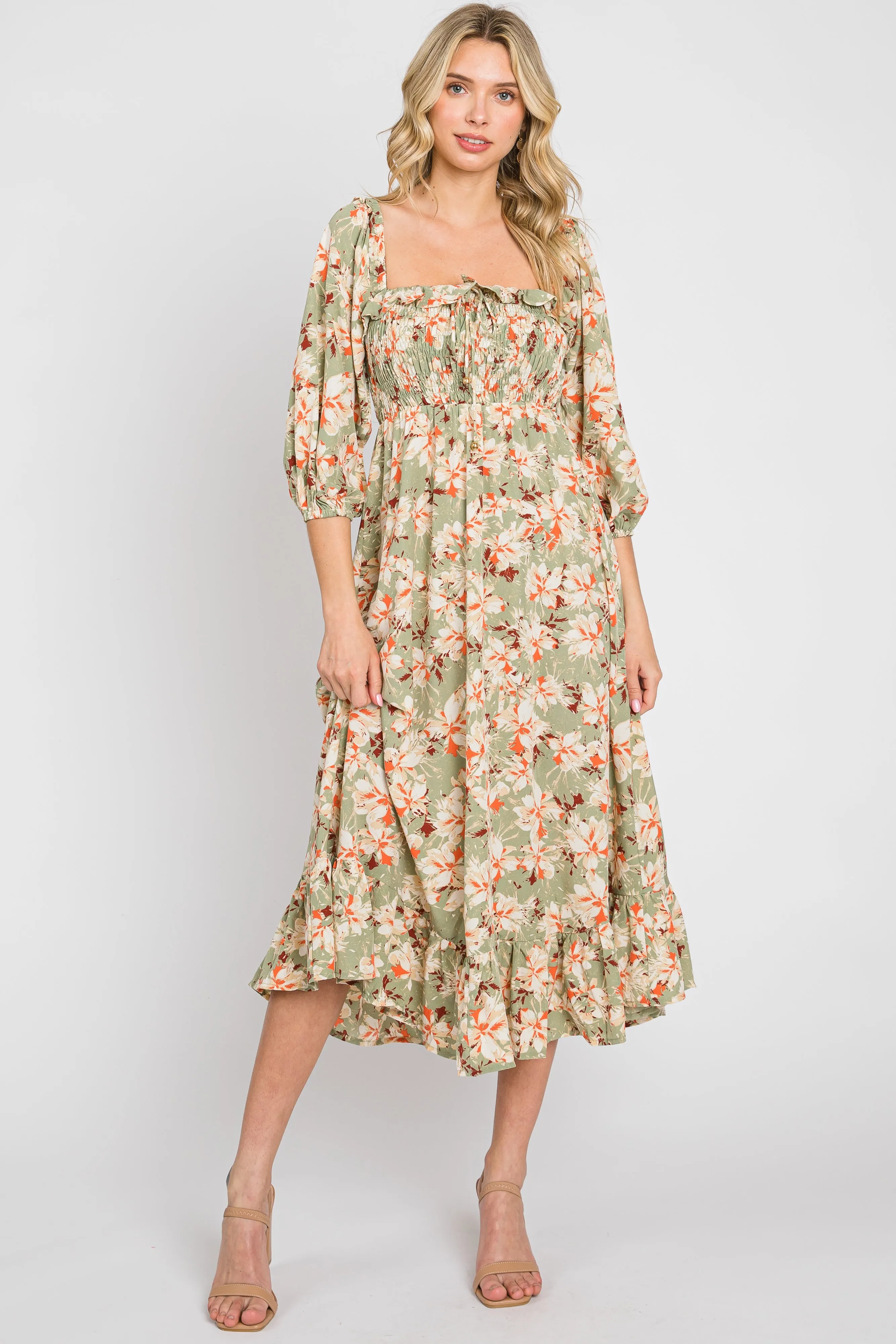 Light Olive Floral Ruffle Square Neck Smocked Front Tie Midi Dress sold by Pinkblush