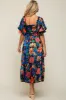 Black Floral Satin Smocked Short Sleeve Maternity Midi Dress sold by Pinkblush
