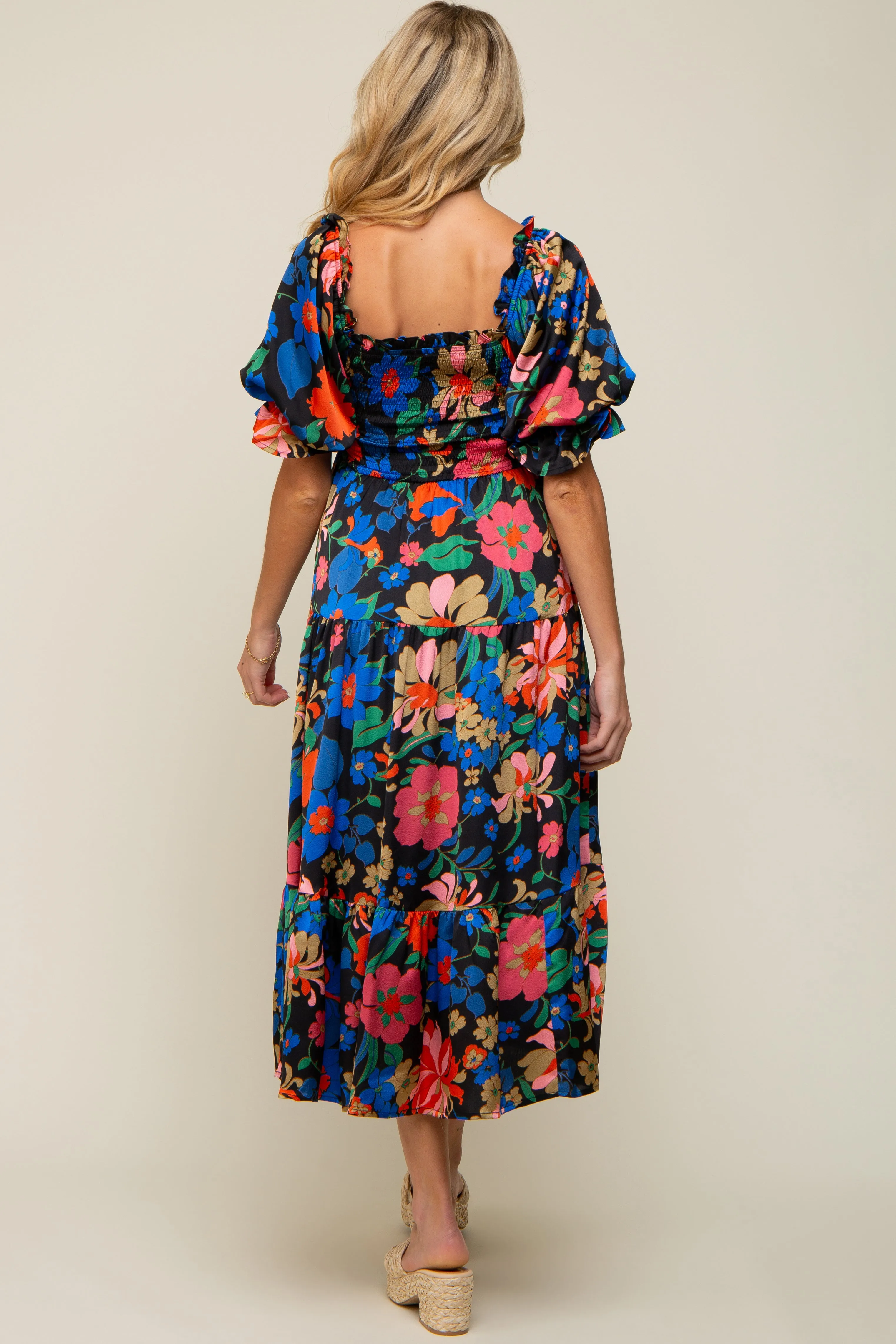 Black Floral Satin Smocked Short Sleeve Maternity Midi Dress sold by Pinkblush product image thumbnail 4