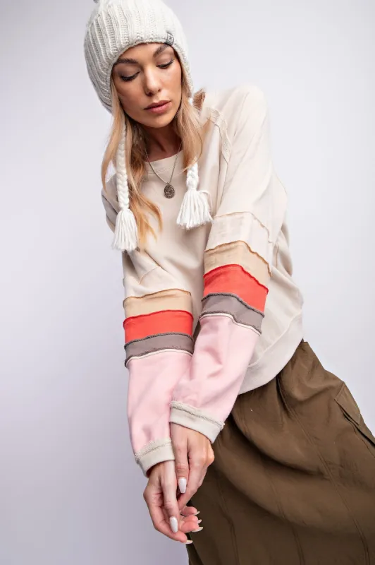 Beige Colorblock Pullover Terrycloth Sweater made by Pinkblush