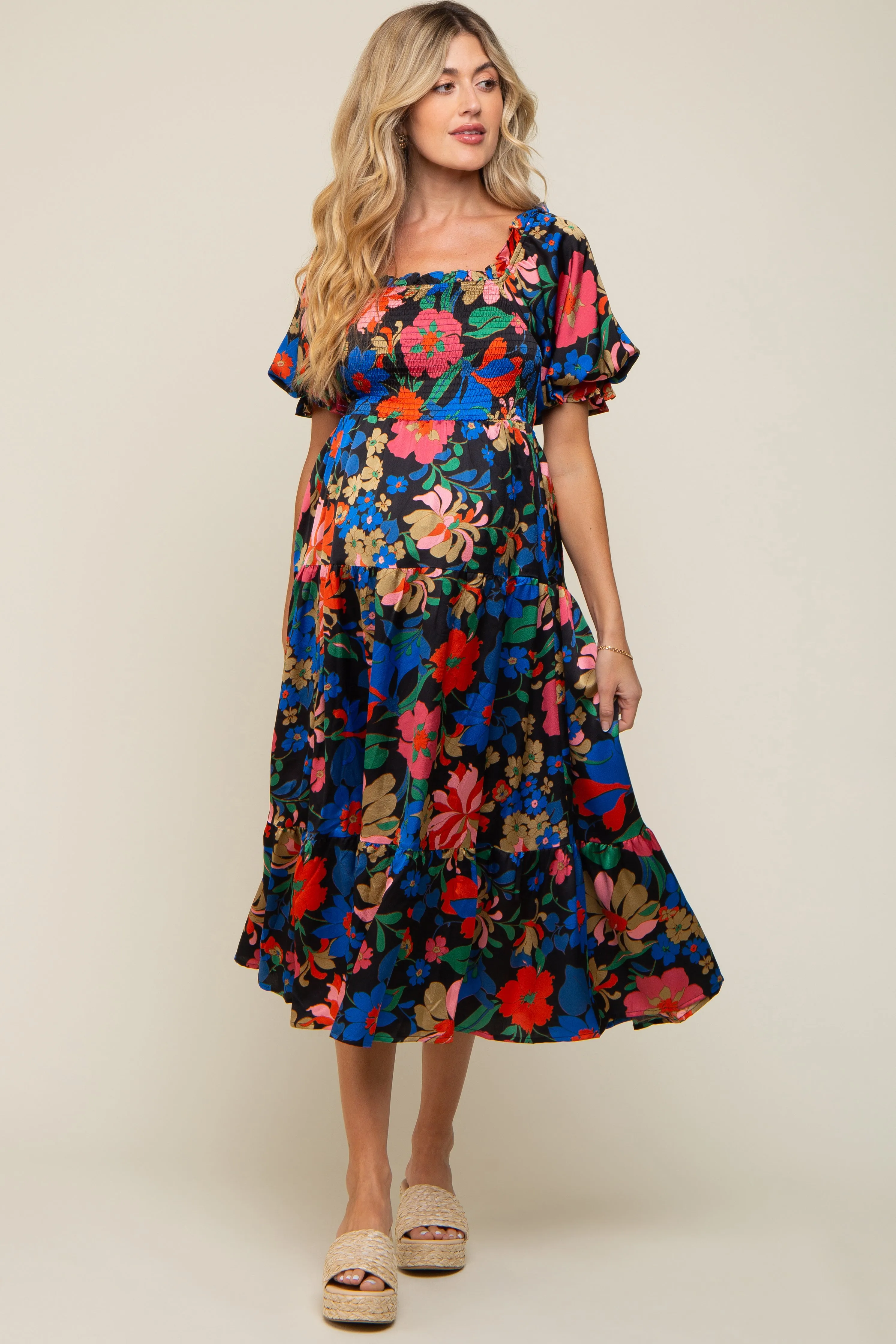 Black Floral Satin Smocked Short Sleeve Maternity Midi Dress sold by Pinkblush