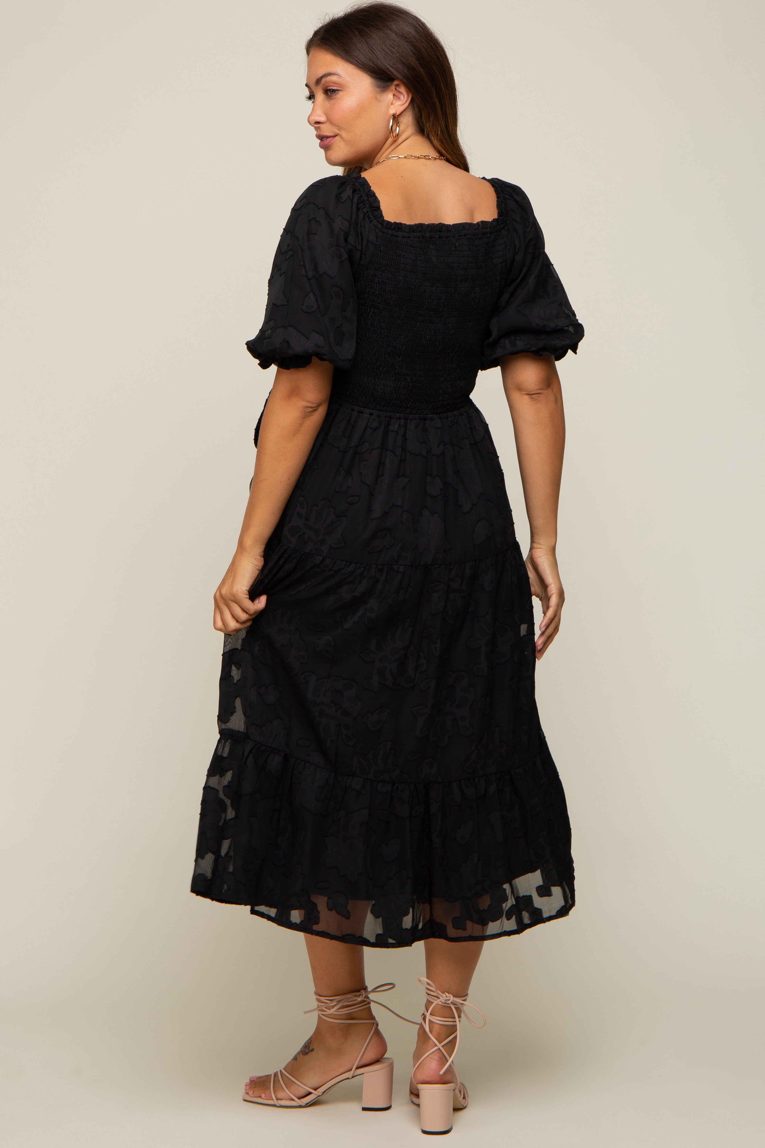 Black Floral Textured Tiered Maternity Midi Dress sold by Pinkblush product image thumbnail 3
