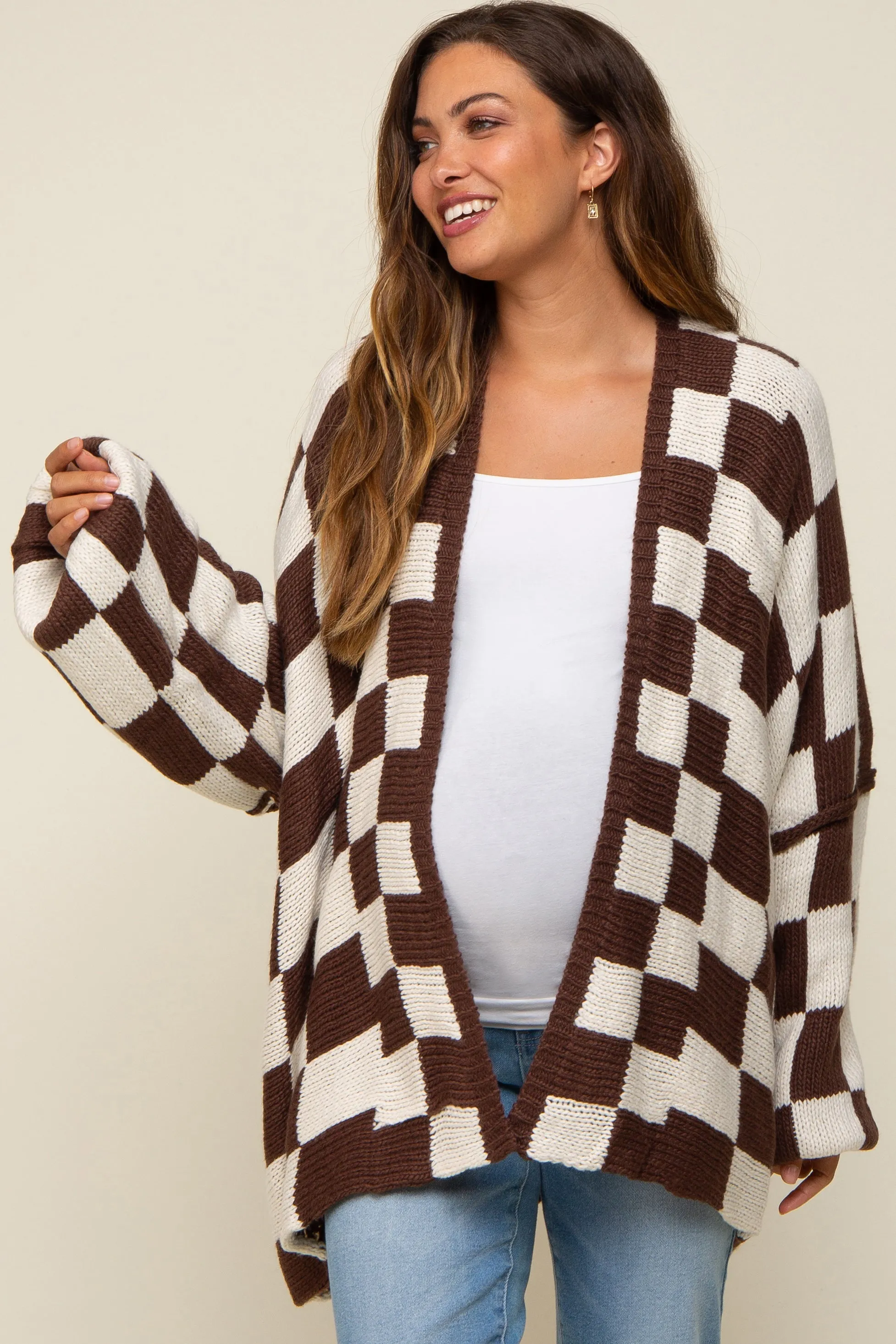 Brown Checkered Print Oversized Maternity Cardigan sold by Pinkblush product image thumbnail 2